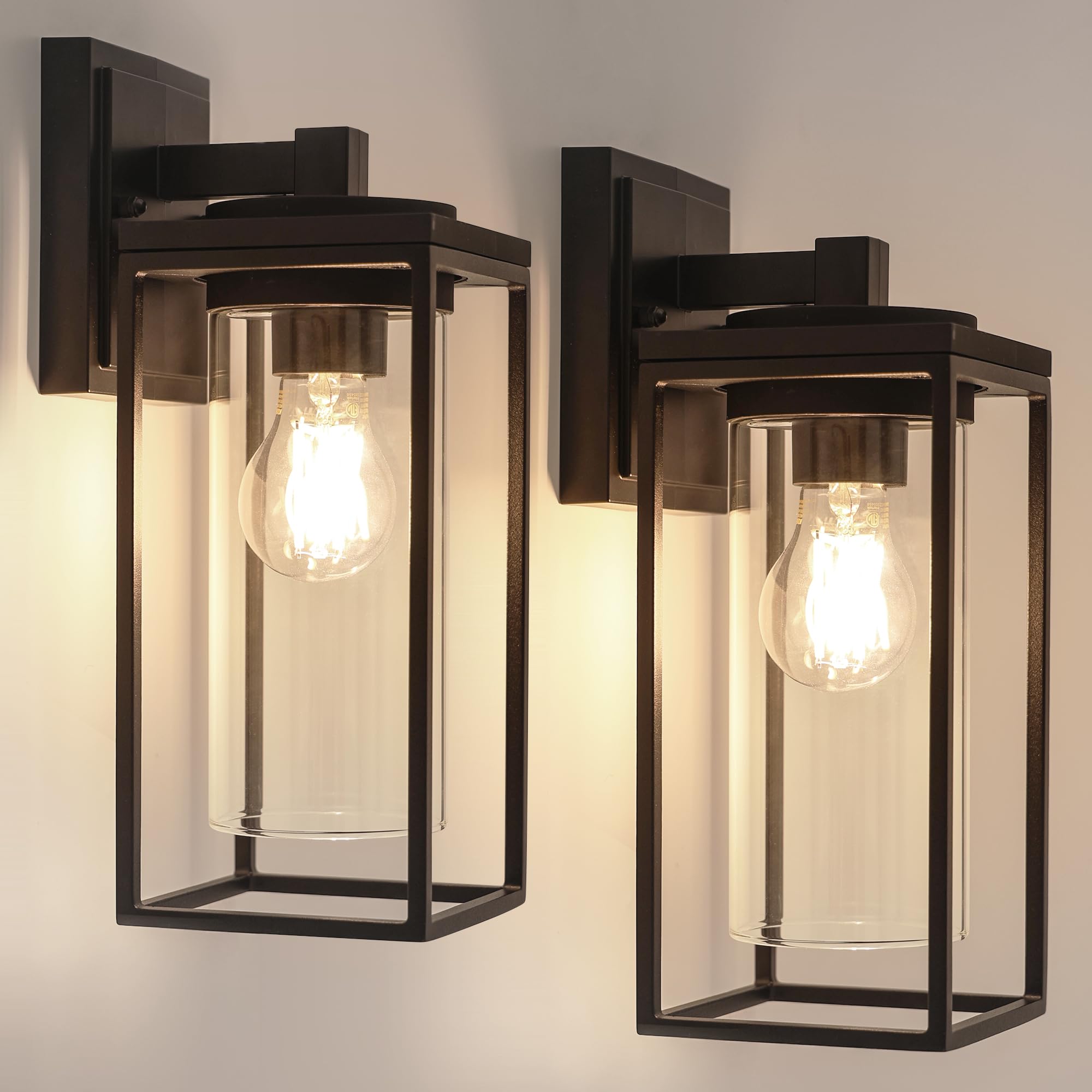 LUTEC 2 Pack Outdoor Wall Light Fixtures, Exterior Waterproof Lanterns with Aluminum Frame and Clear Glass Shade, Modern Matte B