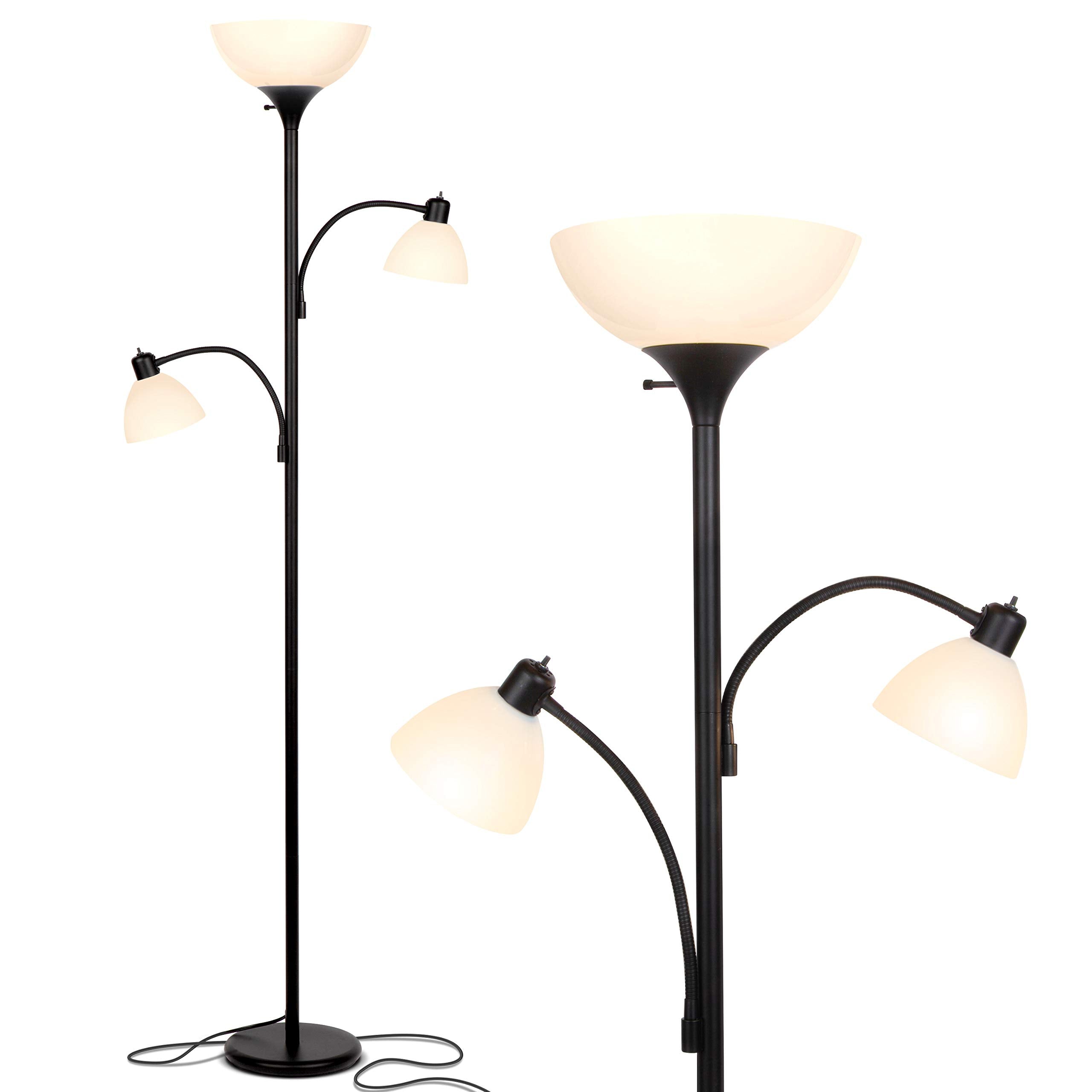 Brightech Sky Dome Double Led Floor Lamp - Dimmable Black Torchiere With 2 Reading Lamps For Living Rooms & Offices - Model Fl-Dme2-Blk