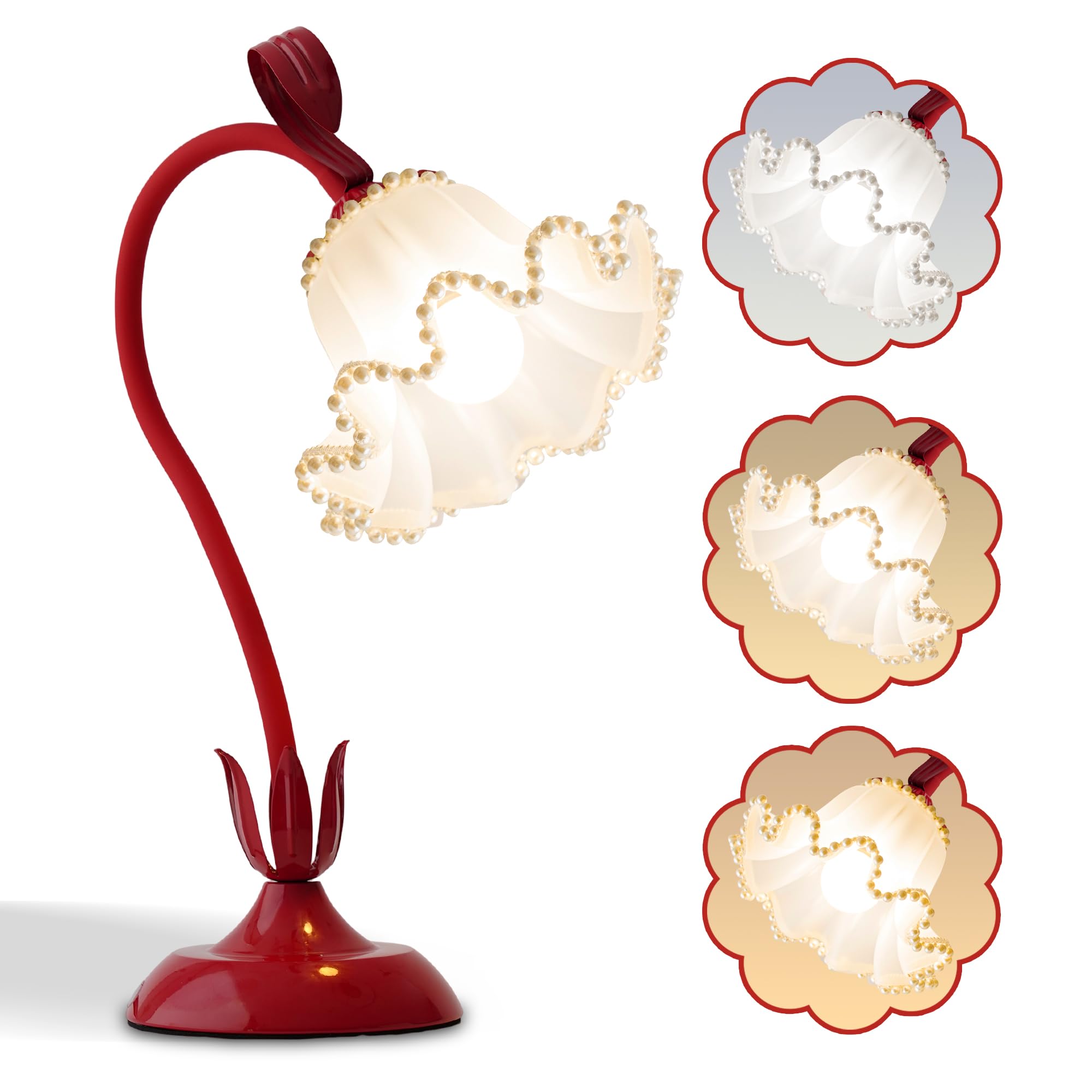 AQDZCNF Flower Table Lamp, LED Reading Light, Vintage Design, Acrylic Material, Red Pearls Color, Model MN-QBKR-AEJK-1-2