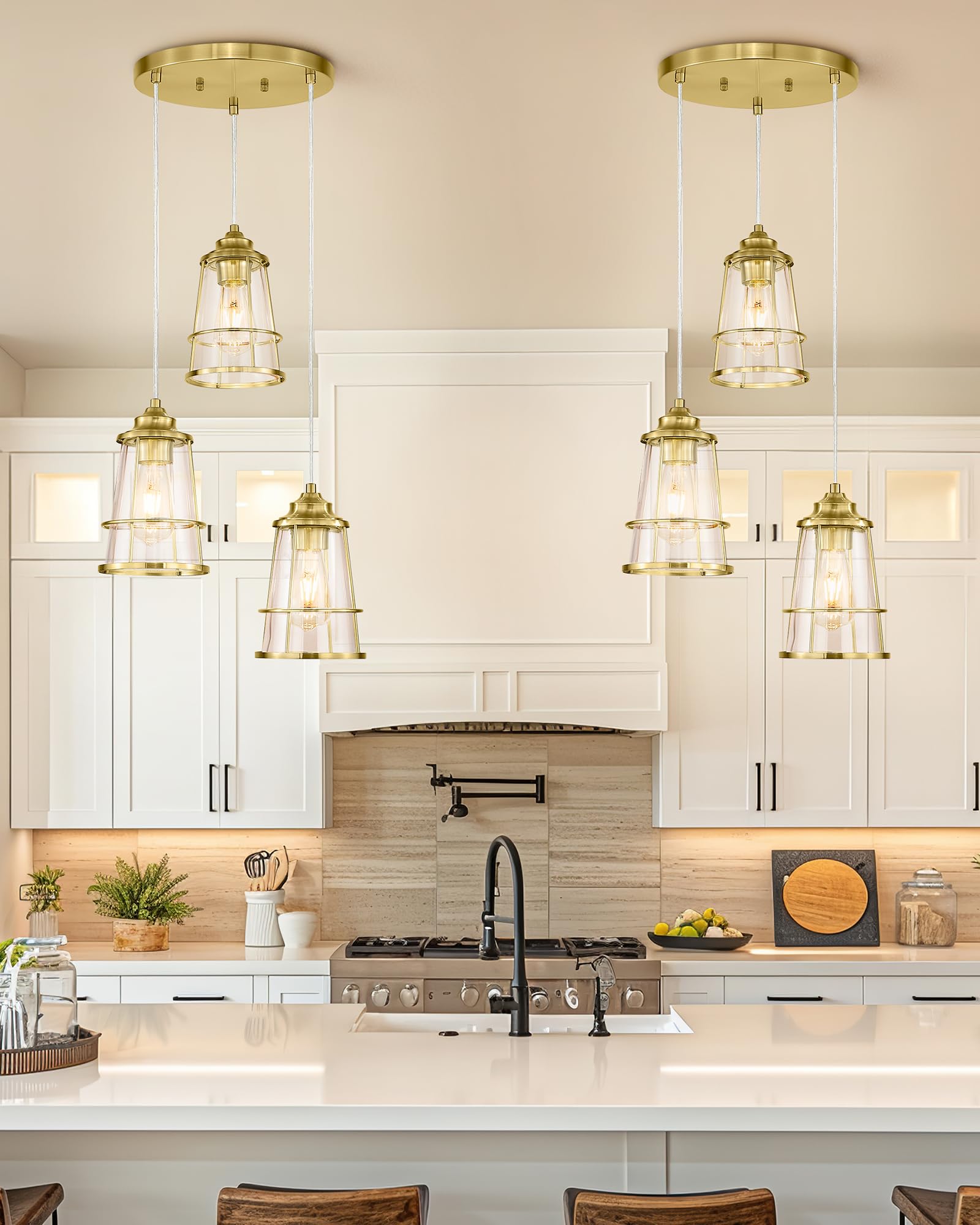 Jazava Gold Cluster Pendant Light Fixture, Modern Glass Hanging Light, 3-Light Cage Kitchen Island Lighting For Dining Room Livi