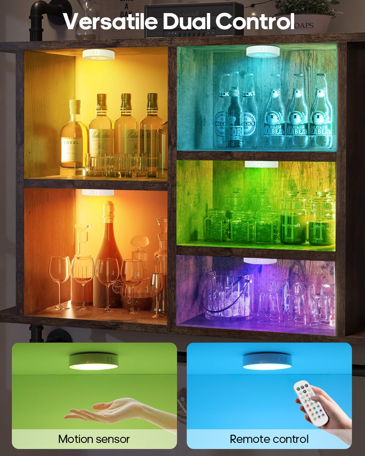 Goodea Rgb Under Cabinet Lighting, Led Rechargeable Puck Lights With Remote, 13 Color Motion Sensor Lights Indoor, Dimmable Clos