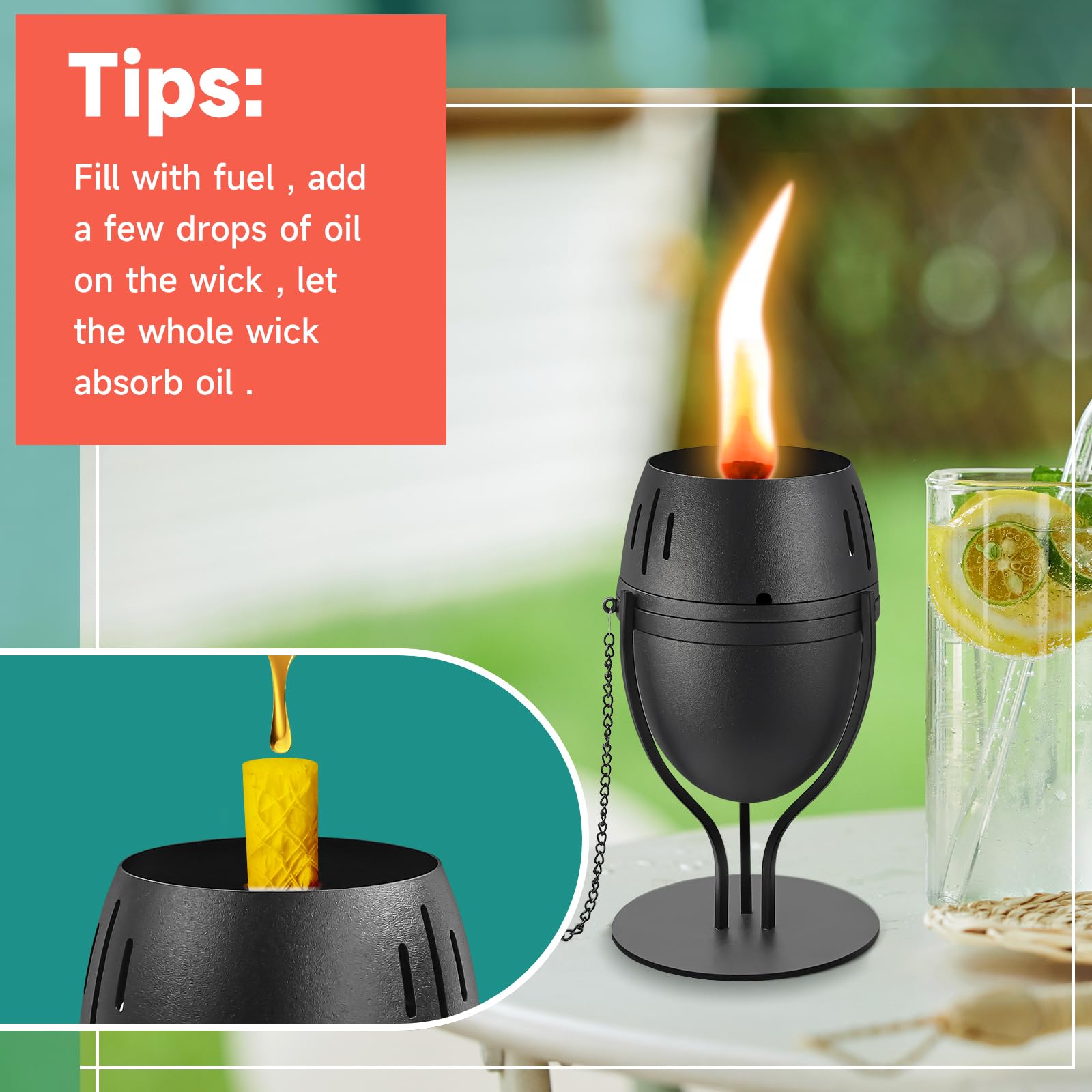 Fan-Torches 4 Pack Metal Citronella Tabletop Torches - Refillable Decorative Lanterns For Outdoors