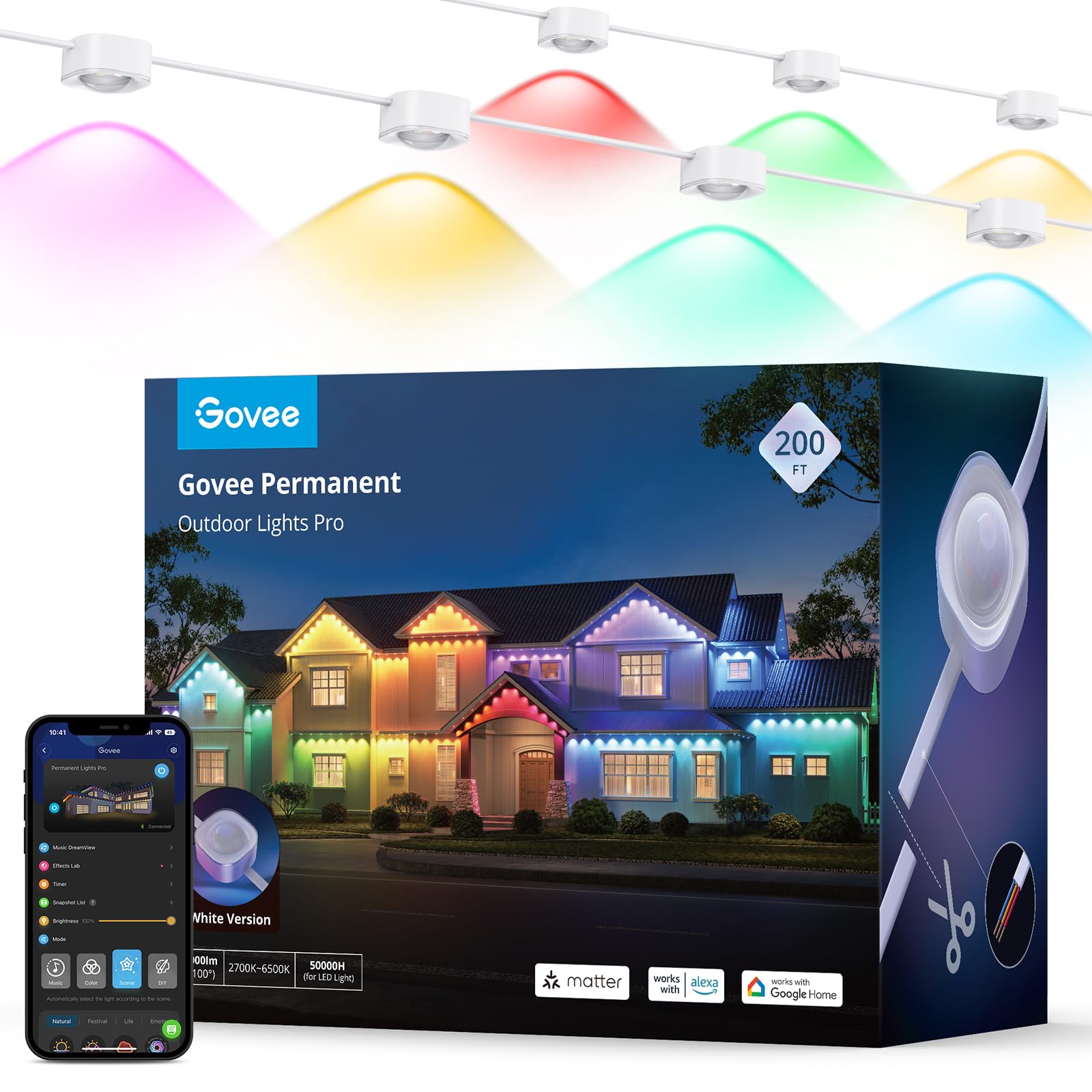 Govee Outdoor Lights Pro, 200ft RGBIC LED, 75 Scene Modes, IP67 Waterproof, Works with Alexa, Google Assistant, White, Model H706C