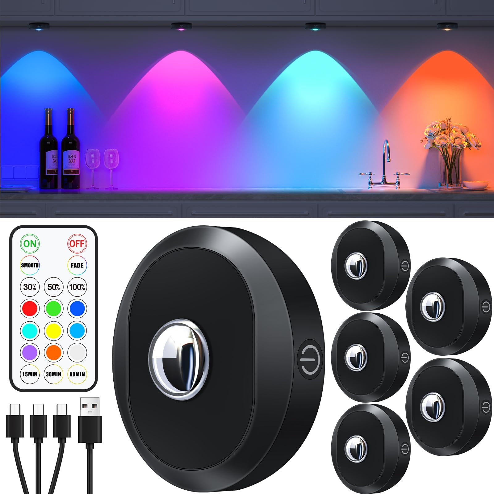 WILLED Rechargeable RGB Puck Lights with Remote Control, 1200mAh Battery Operated Tap Lights, Dimmable Touch Under Cabinet Light