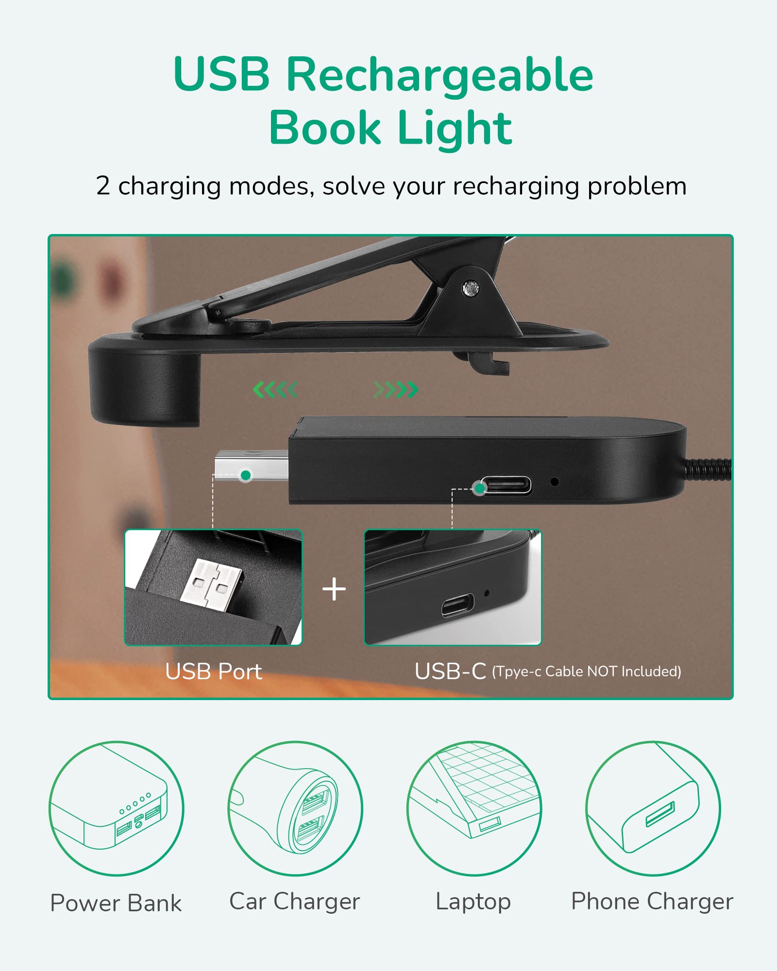 EDISHINE Book Light, Portable Clip-on Lamp, 3 Color Modes, Stepless Dimmable, USB Rechargeable, Black, Model HBRL10B1