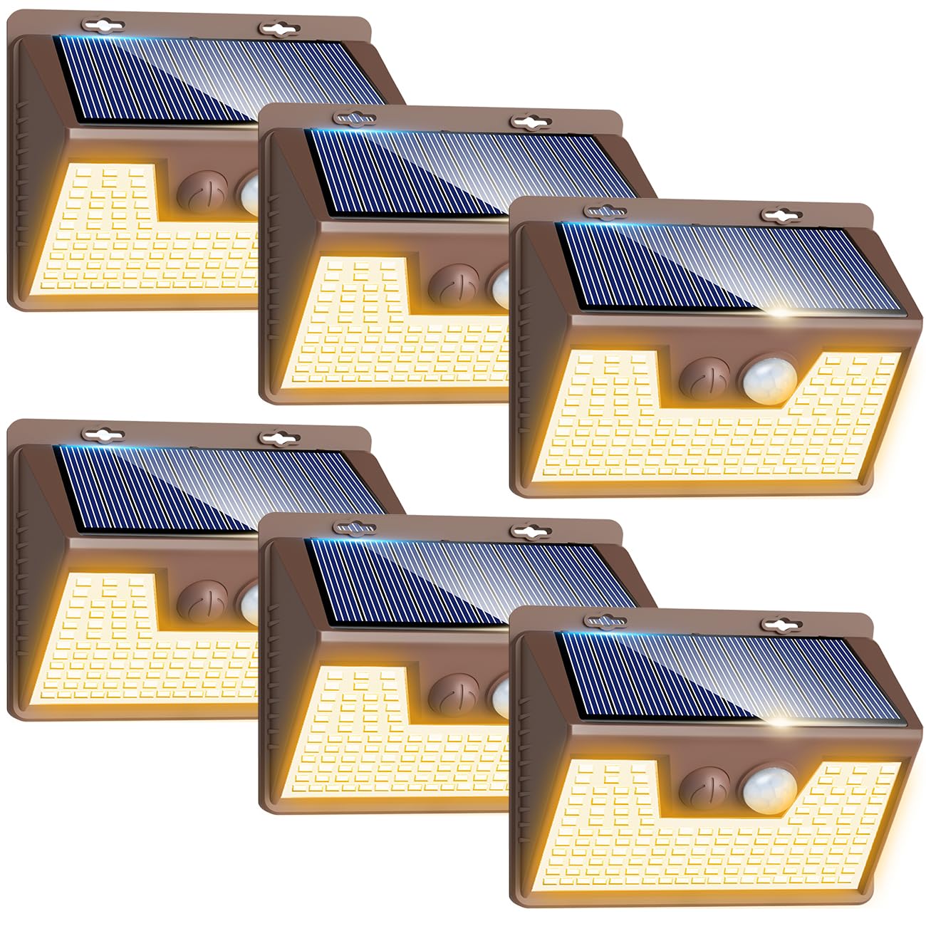 Peasur Solar Lights Outdoor Motion Sensor Waterproof, 6Pack 140Led Brown Solar Powered Fence Lights, 3 Modes Solar Security Wall