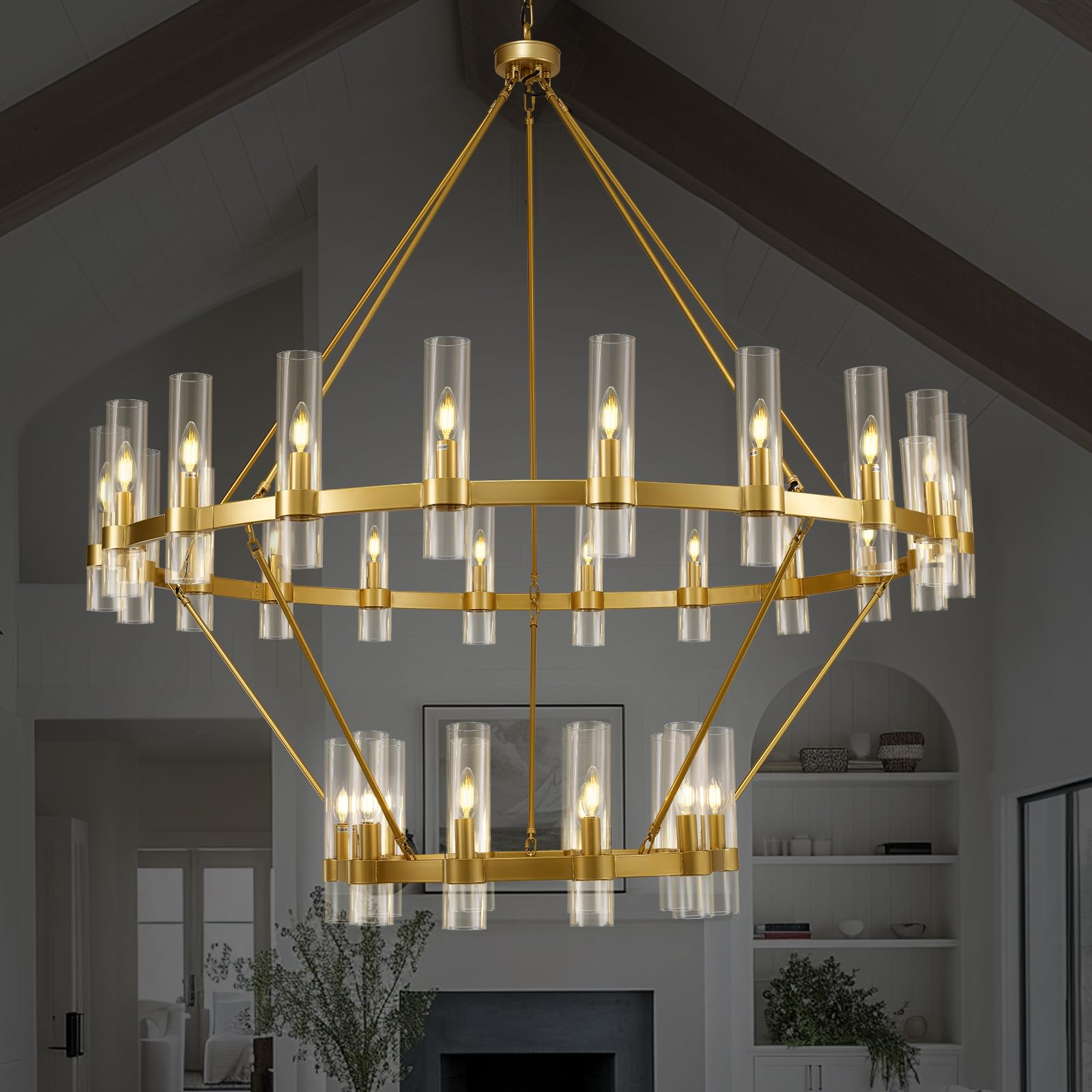 Gold Wagon Wheel Chandelier 2 Tier, 60 Inch Chandeliers with Glass Shade, 30-Light Large Chandelier for High Ceiling, Modern Far
