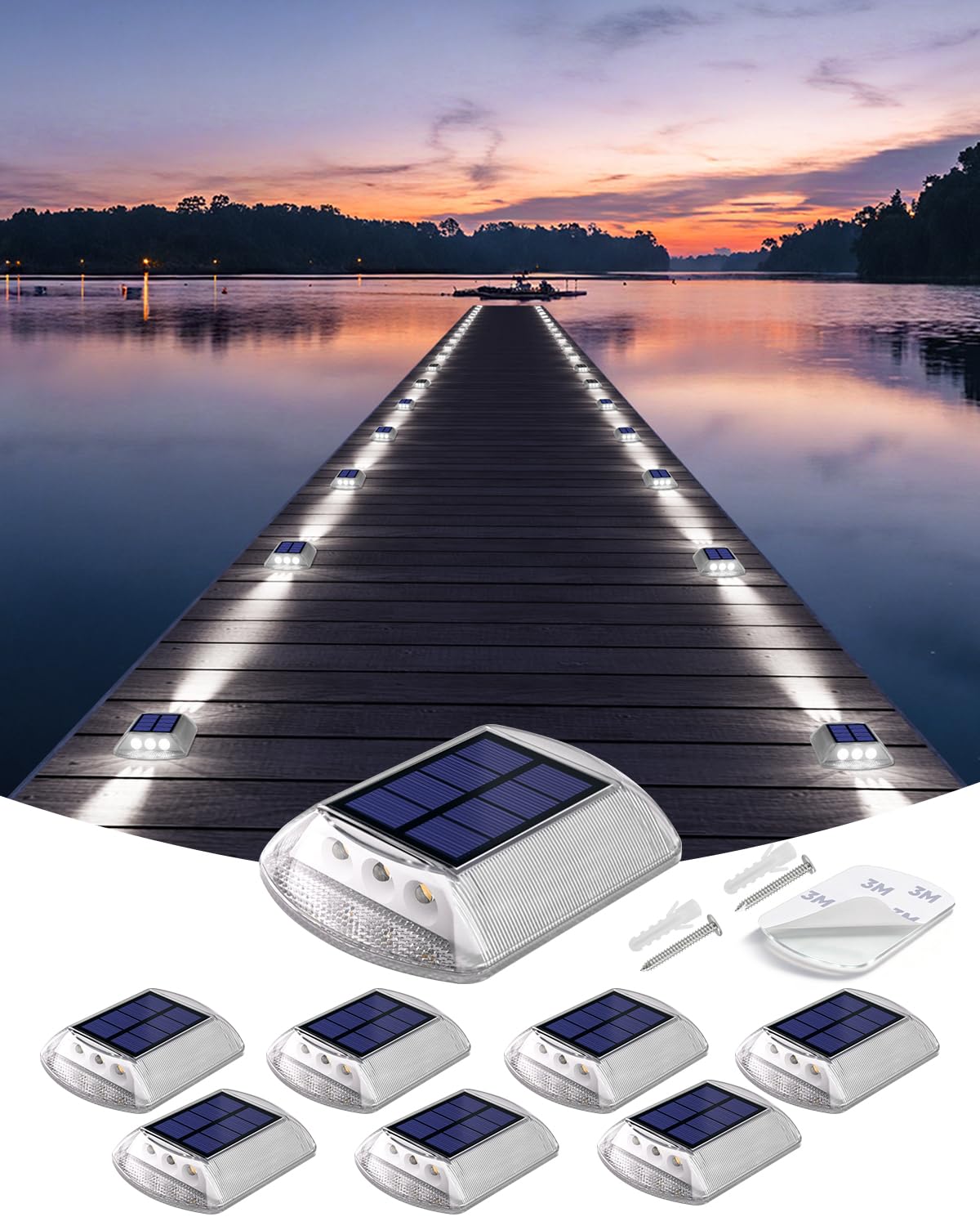 DetarZinLED Deck Lights Solar Powered, 8 Pack White Solar Pathway Driveway Light Outdoor IP68 Waterproof, Stick on & Screw Marke