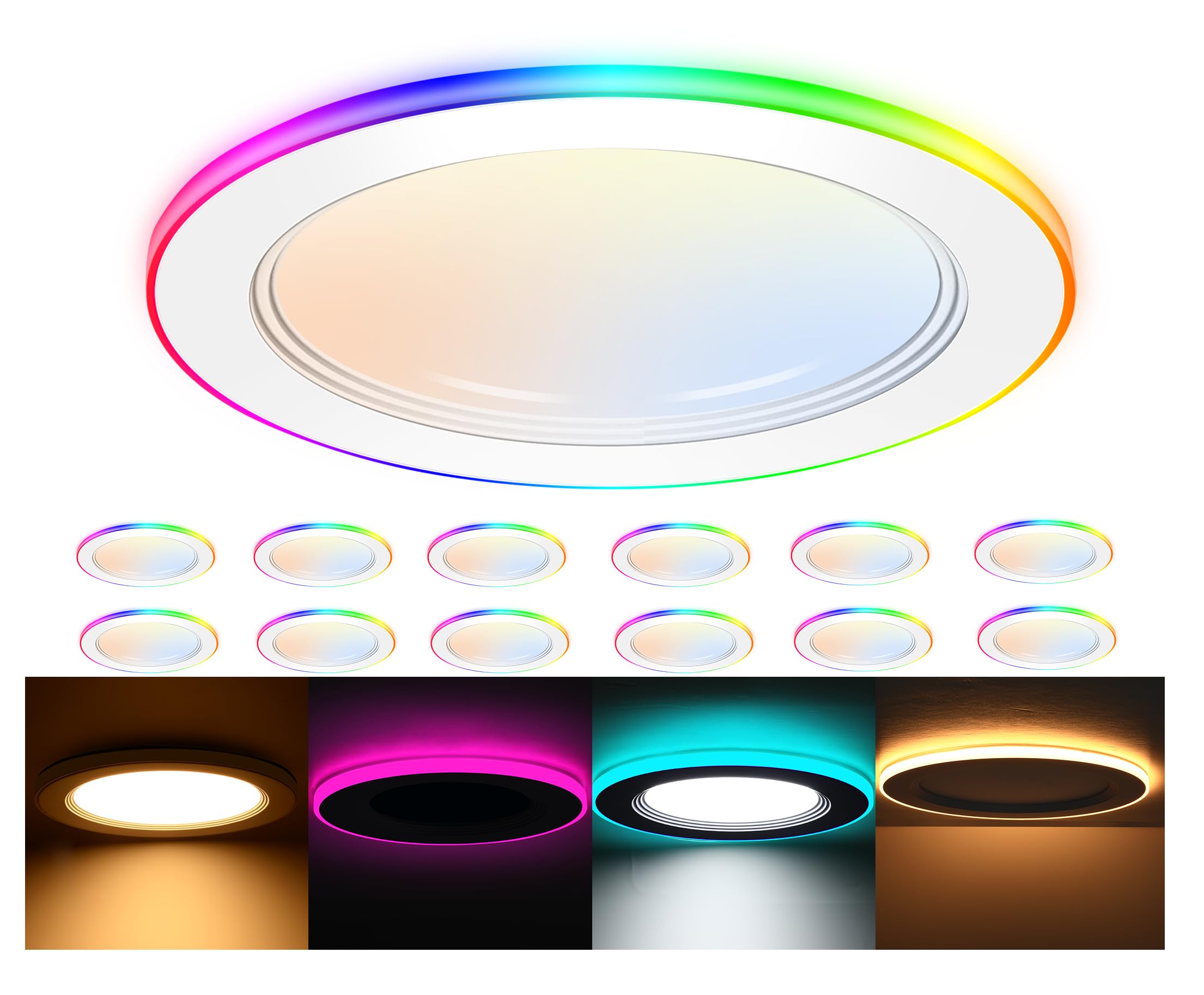 Cloudy Bay [12 Pack] 6 Inch Smart Led Recessed Ceiling Light With Rgb Back Light,15W 2700K-6500K,3W Color Changing Ultra-Thin Recessed Lighting,Baffle Trim Wafer, Hub Included