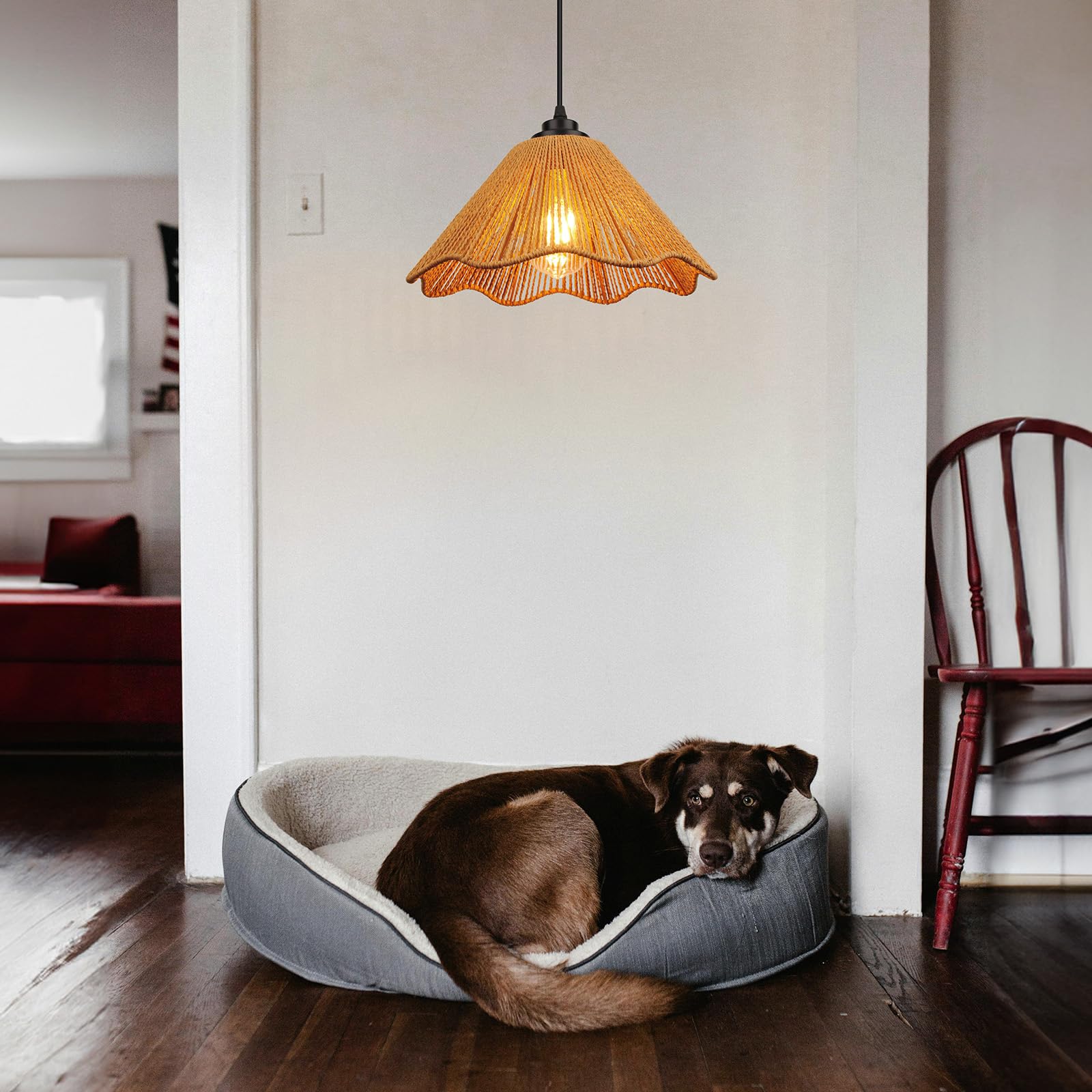 Tebio Plug In Pendant Light, Rattan Hanging Lights With Plug In Cord 13Ft Hemp Black Cord, On/Off Switch Chandelier For Boho Liv