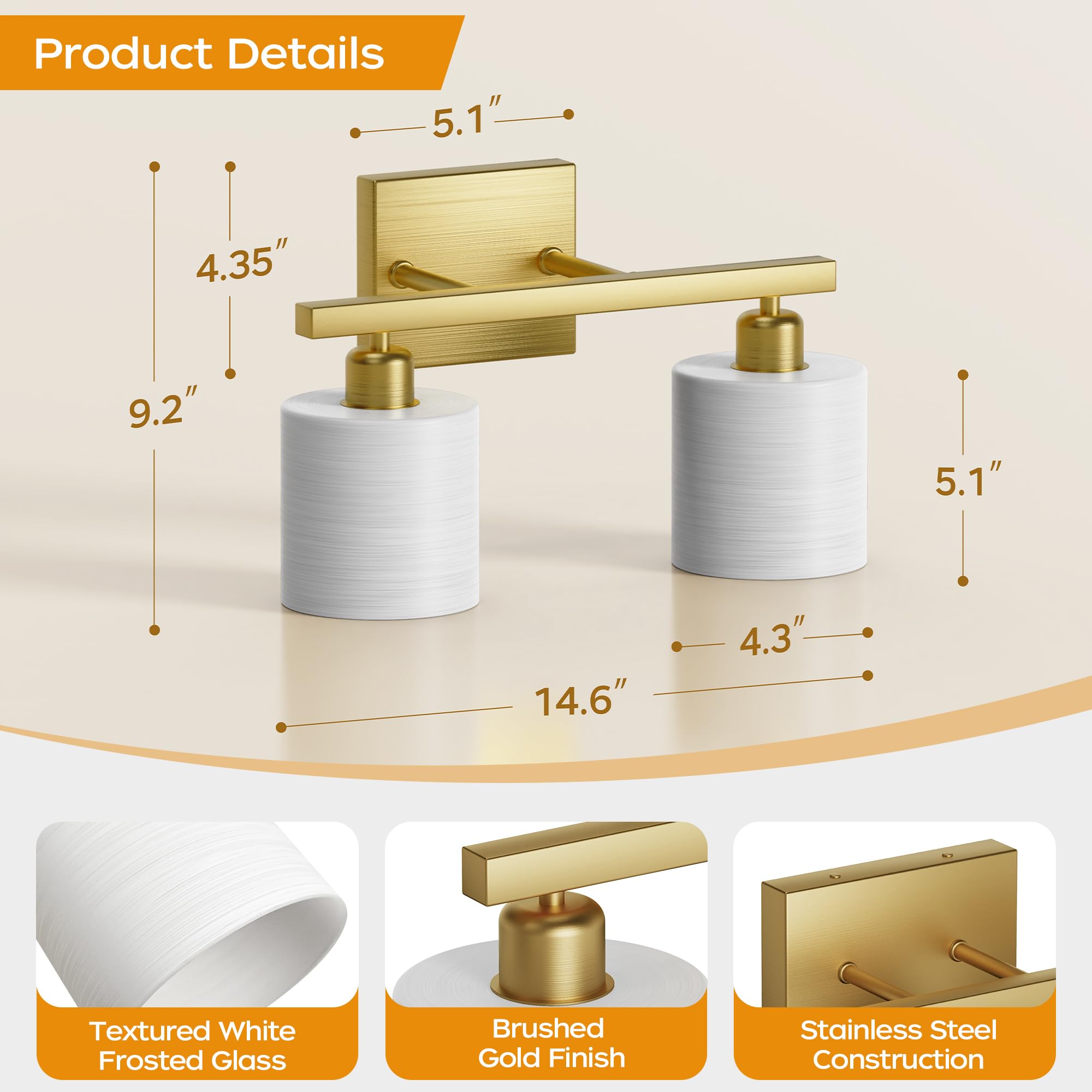 PARTPHONER Classic Vanity Light, 2-Light, Textured White Glass Shade, Brushed Gold, Model PAWL200AJ1