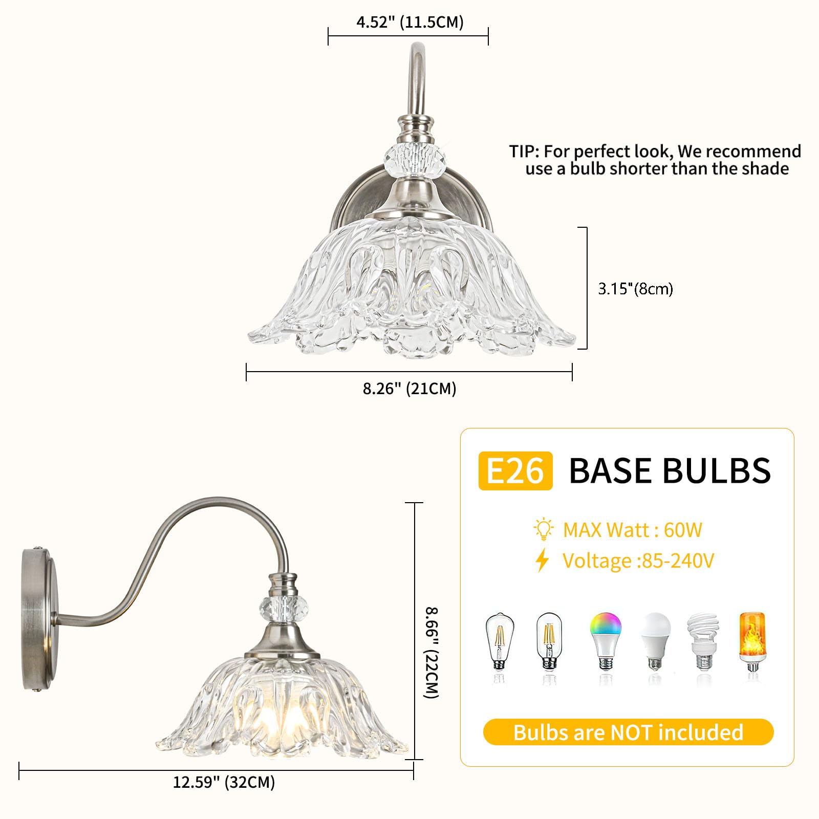 sunkryster Brushed Nickel Wall Sconce - 1-Light Modern Bathroom Vanity Light with Floral Clear Glass Shade, Model Sun-104AB-1-Nickel