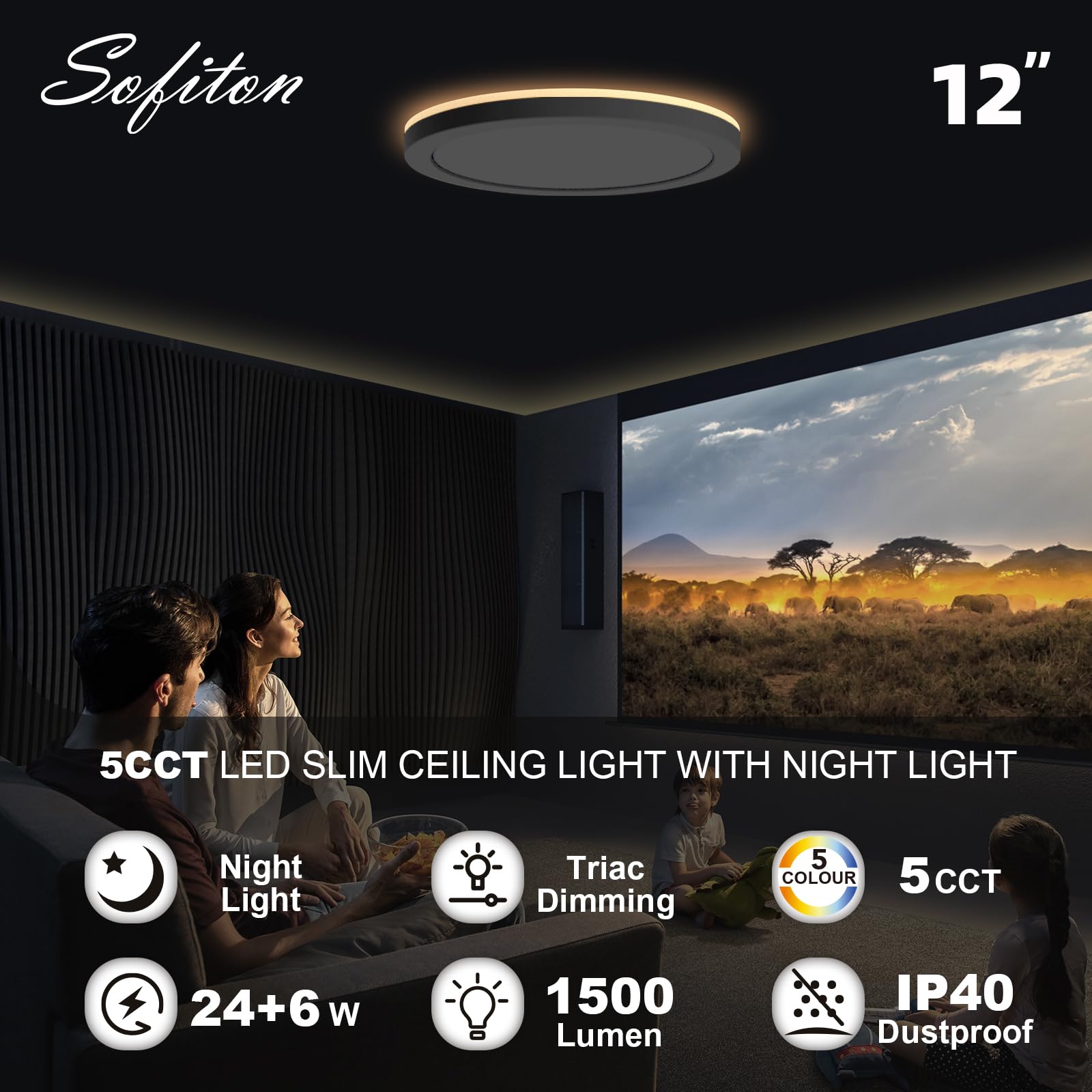 Sofiton 12 Inch LED Flush Mount Ceiling Light Fixture, 24W 1500LM, Dimmable, 5 Color Temperatures, Aluminum, Model MRFM-BL-1227