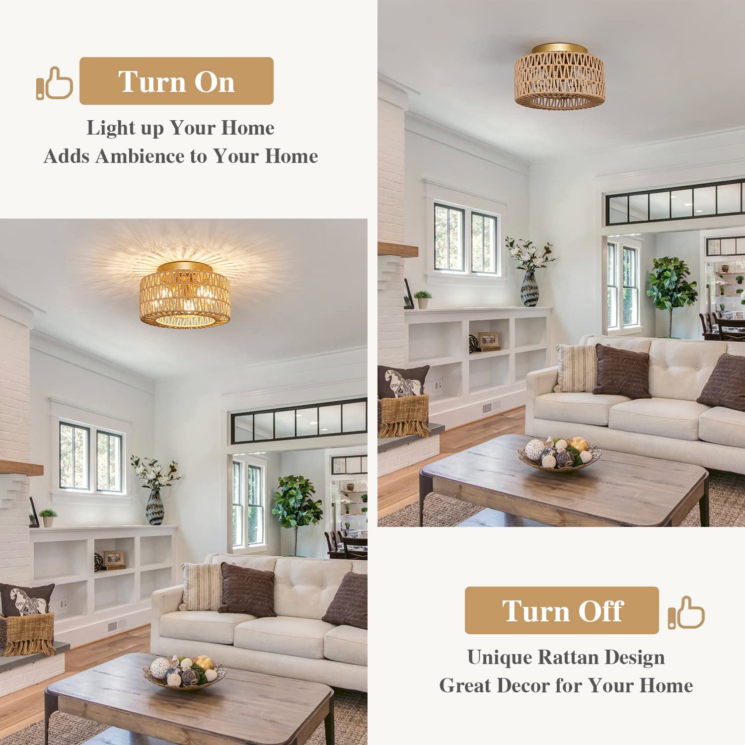 Rattan Light Fixtures Ceiling Mount, 3-Lights Boho Flush Mount Ceiling Light, Hand-Woven Cage Shade Lamp Lighting, Rustic Rattan Chandelier For Hallway Bedroom Kitchen Farmhouse Foyer Entryway (Gold)