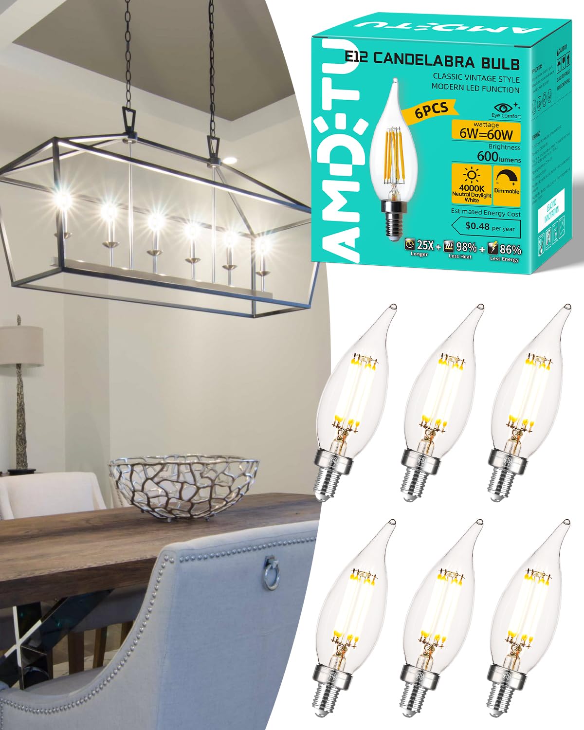Amdtu E12 60 Watt Equivalent Led Candelabra Bulb Ca10 Candle 4000K Daylight Dimmable Small Base Chandelier Light, Ideal For Dini
