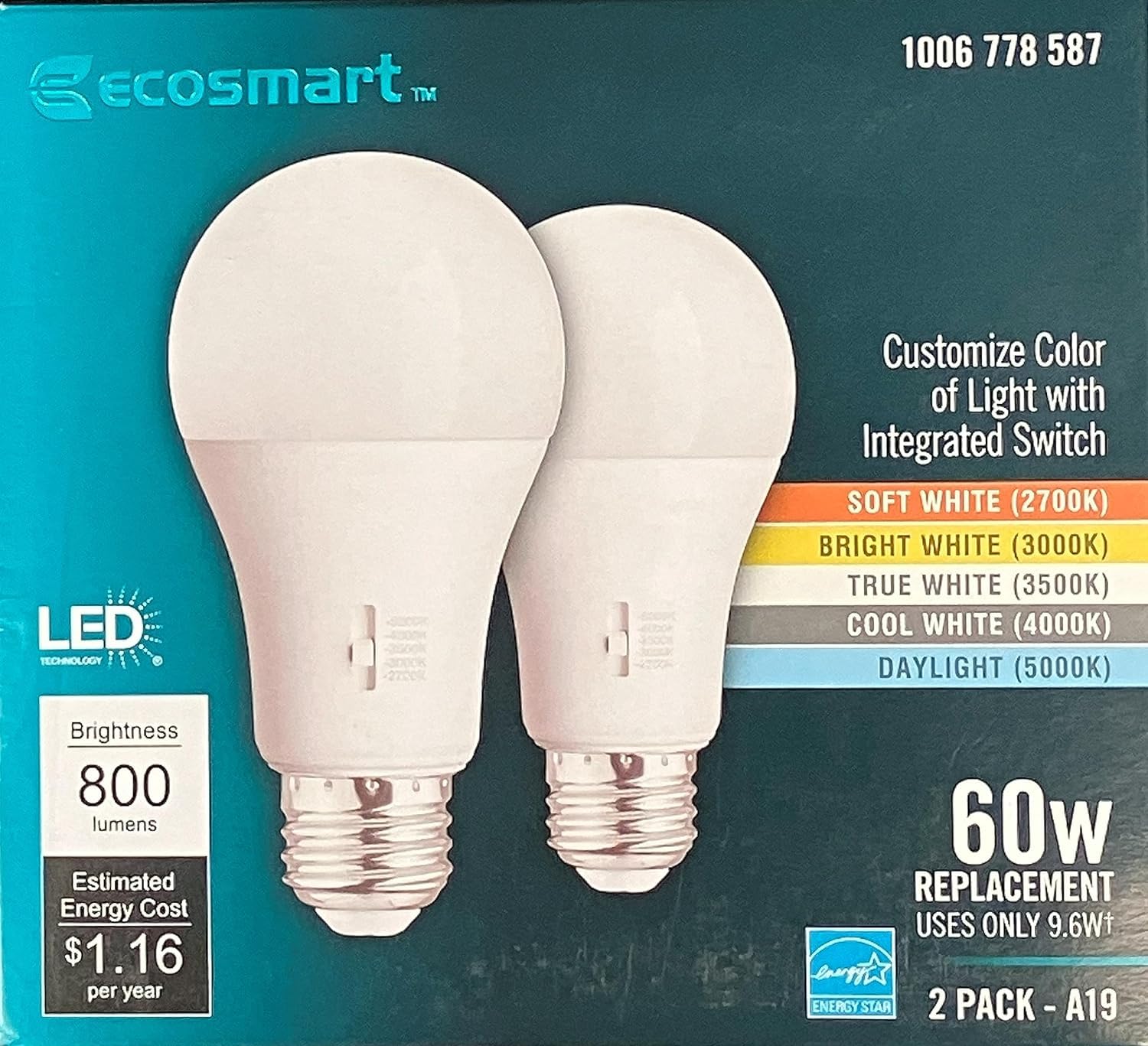 New Ecosmart 60W Equivalent 2700K, 3000K, 3500K, 4000K, 5000K Selectable A19 Dimmable Led Bulb (2-Pack), White