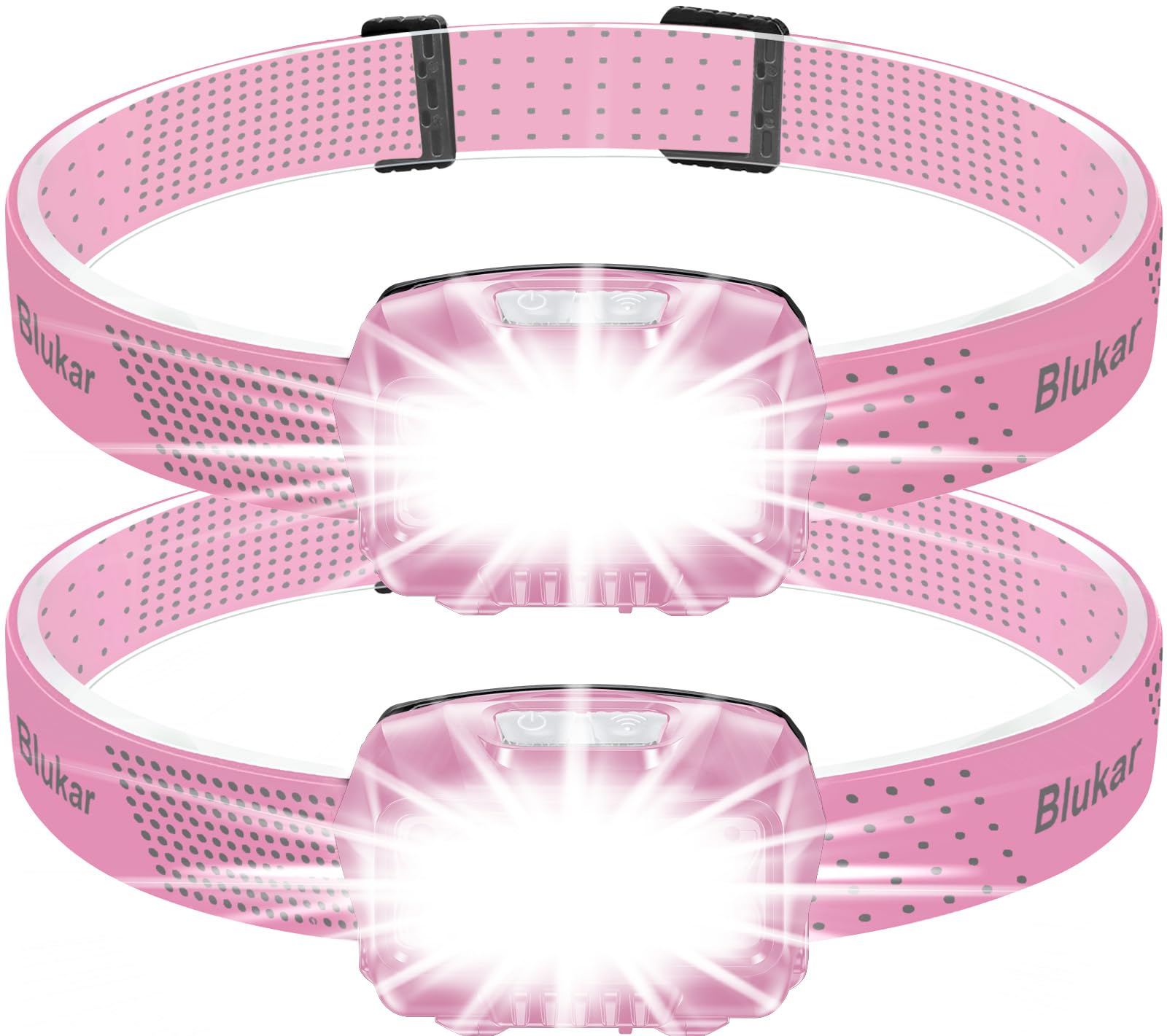 Blukar LED Headlamp Rechargeable Flashlight, 2000L Bright, 8 Modes, IPX5 Waterproof, 2 Pack, Pink, Model K9111