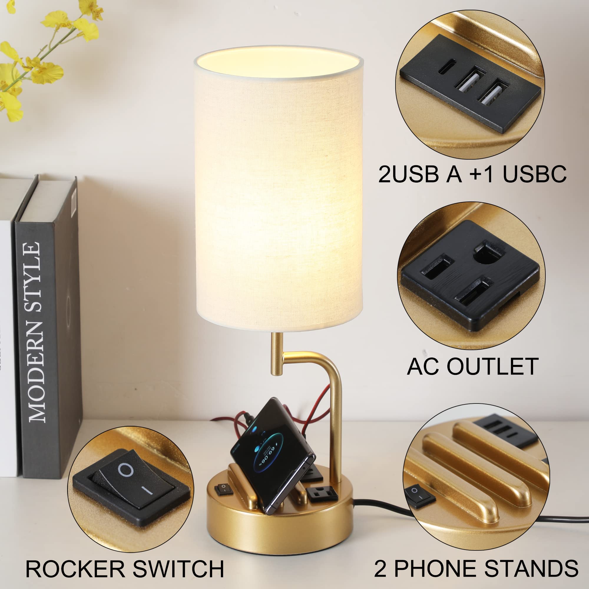 Dreamholder Table Lamp with 3 USB Ports and AC Outlet, Gold, Pack of 2