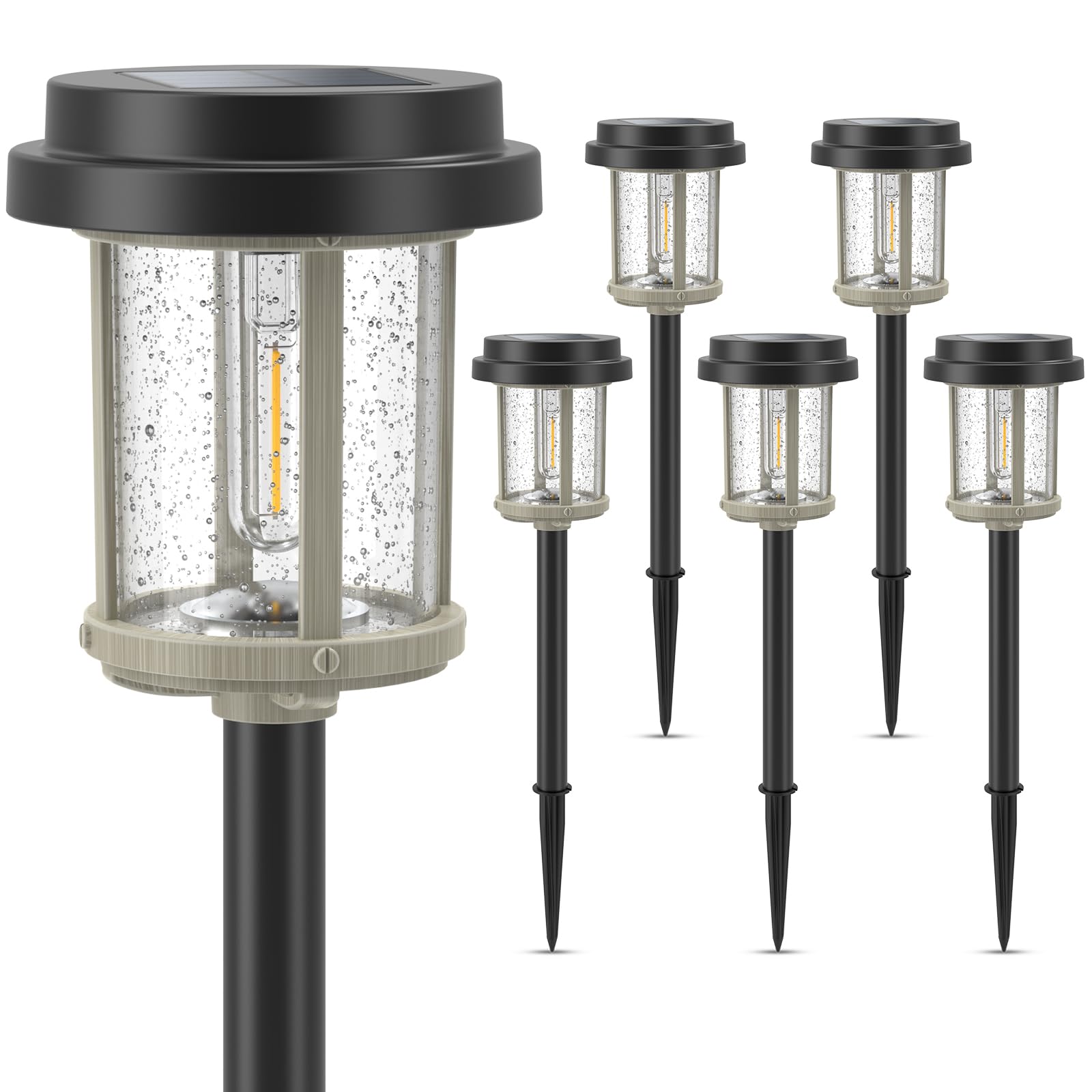 XMCOSY+ Solar Outdoor Lights, 20 LM LED, Waterproof IP65, 6 Pack, Black & Grey Metal Seeded Glass for Yard Patio Driveway