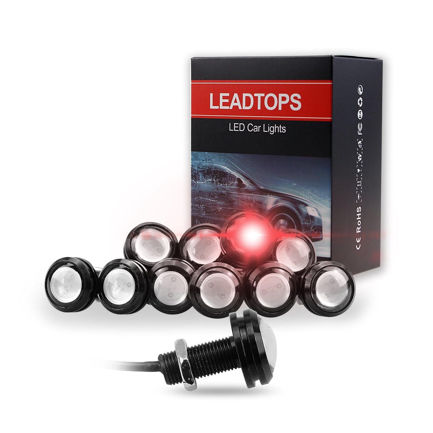 LEADTOPS 10Pcs Eagle Eye LED Car Fog Lights, 18mm, 12V, Black Case, Red Light, Model 13