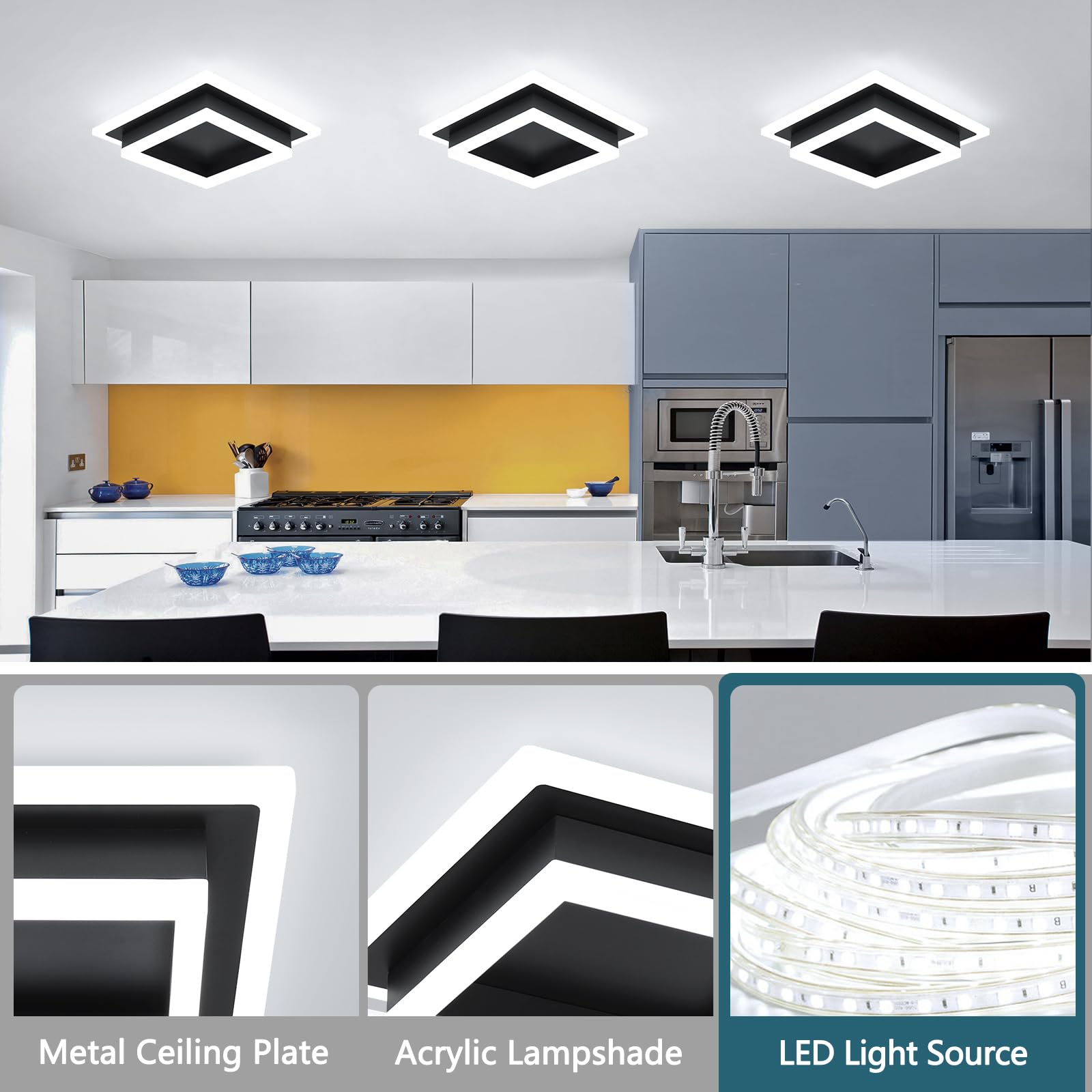 Eidisuny Modern Led Ceiling Light  Hallway Flush Mount Ceiling Light  32W  6000K  Black Square Hallway Lighting Fixtures For Living Room Kitchen Bedroom (Black)