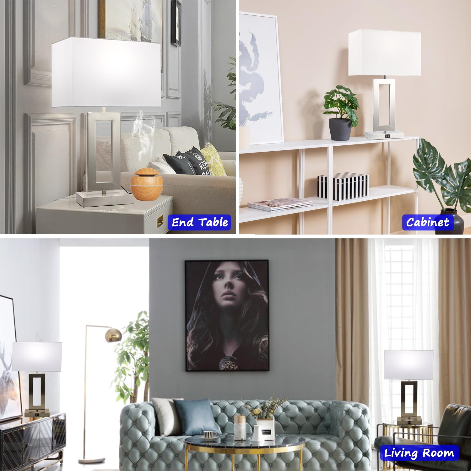 22'' Lamps For Bedrooms Set Of 2, Touch Control Table Lamps With 2 Usb Ports, 3-Way Dimmable Bedside Nightstand Lamps, Brushed N