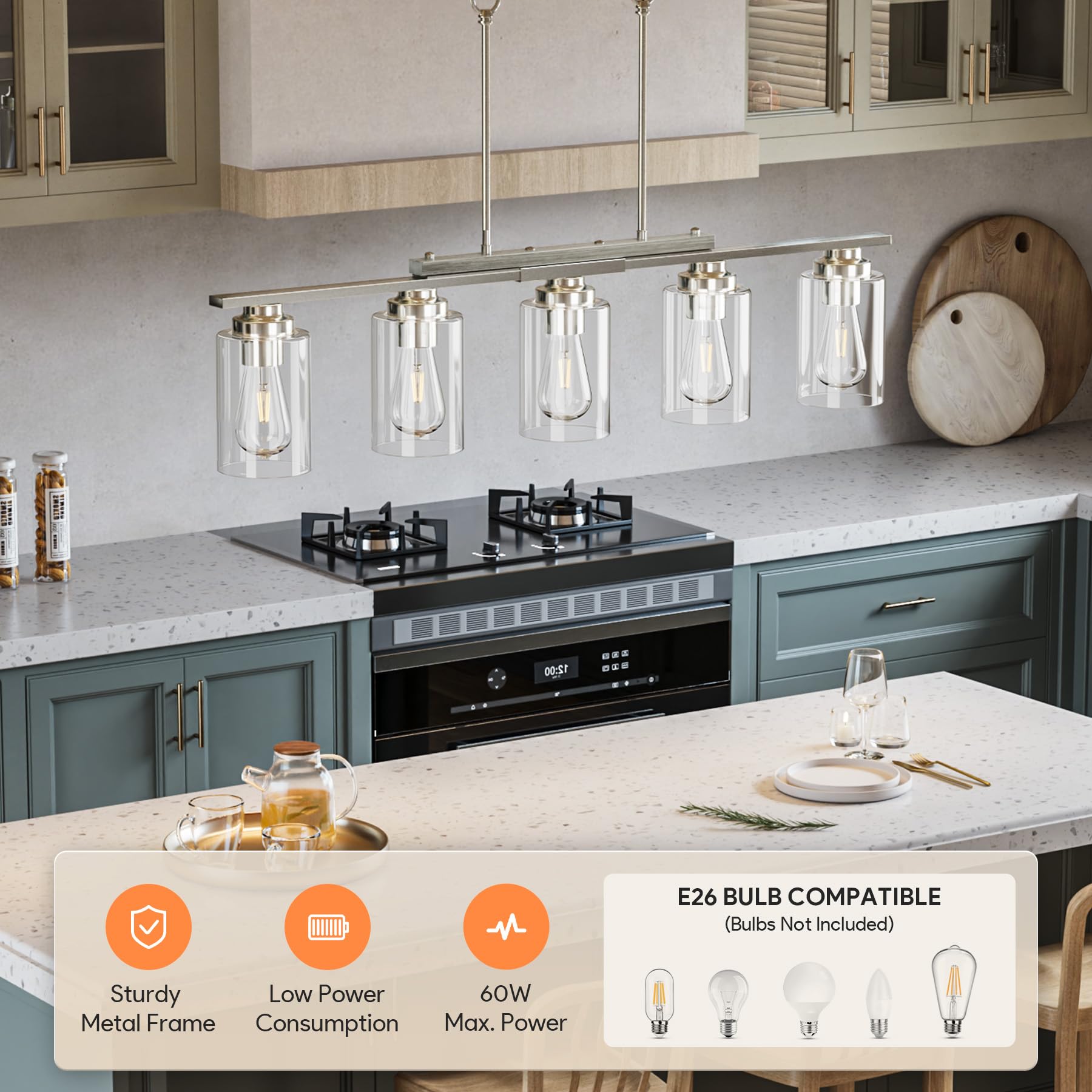 Vonluce Kitchen Island Lighting  5-Light Dining Room Light Fixture Over Table With Glass Shade And Adjustable Rods  Farmhouse Linear Chandelier For Kitchen Island  Brushed Nickel  Etl Certificated