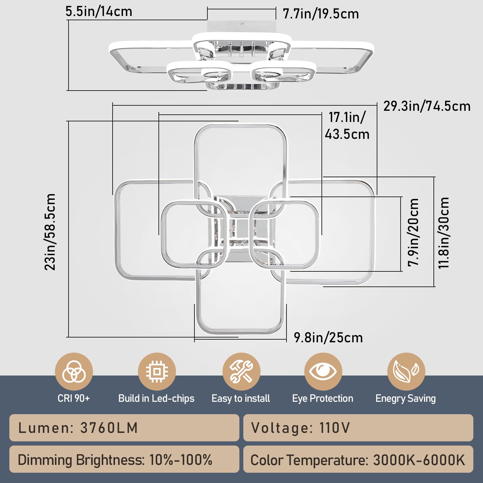 Sovinzert 31.5'' Modern Led Ceiling Light 6-Square Dimmable Ceiling Light Fixtures With Remote 3000K-6000K Chrome Close To Ceili