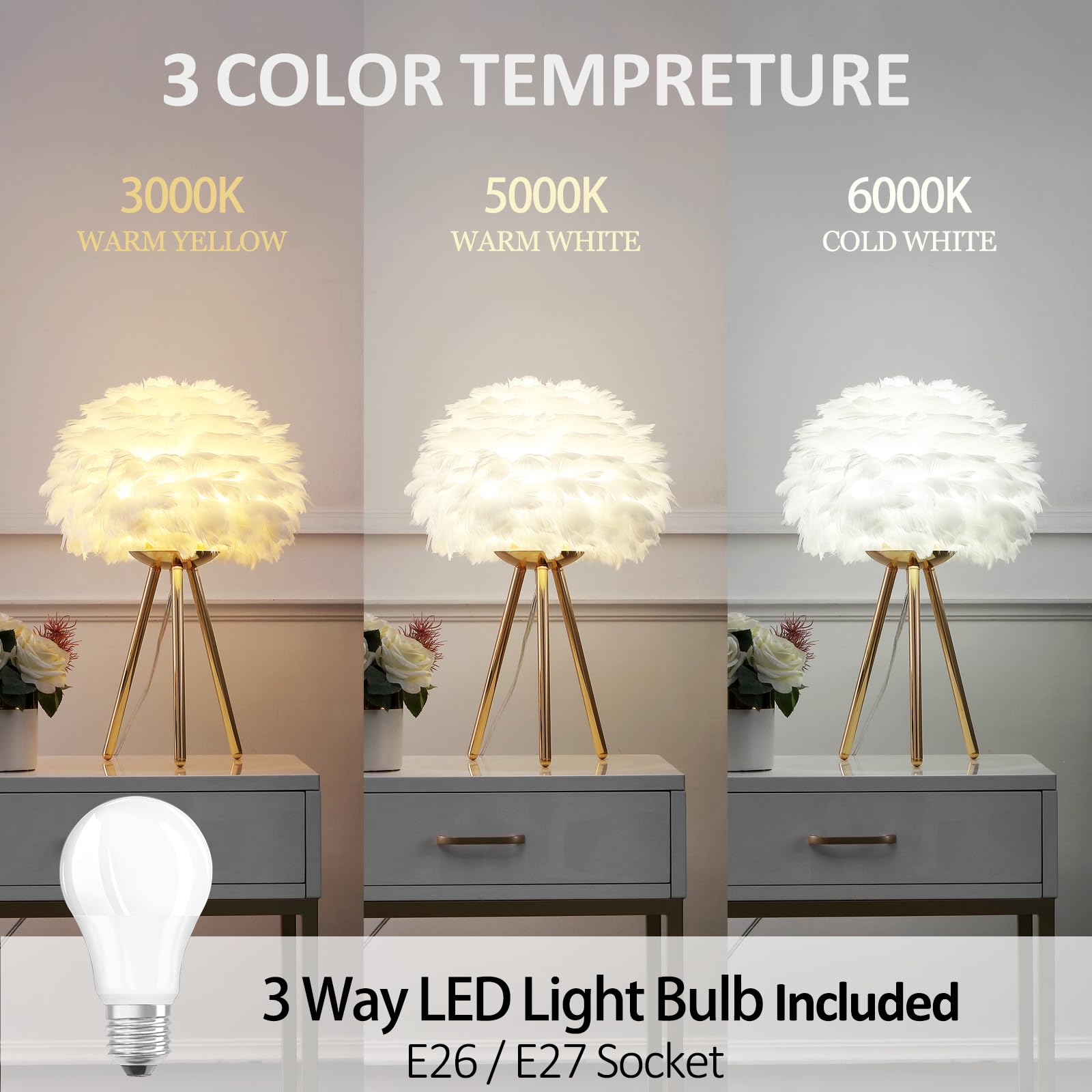 Lincwonz White Feather Lamp Tripod Lamp For For Girls Bedrooms Living Room Aesthetic Decor Desk Lamp Unique Bedside Lamps Gold L