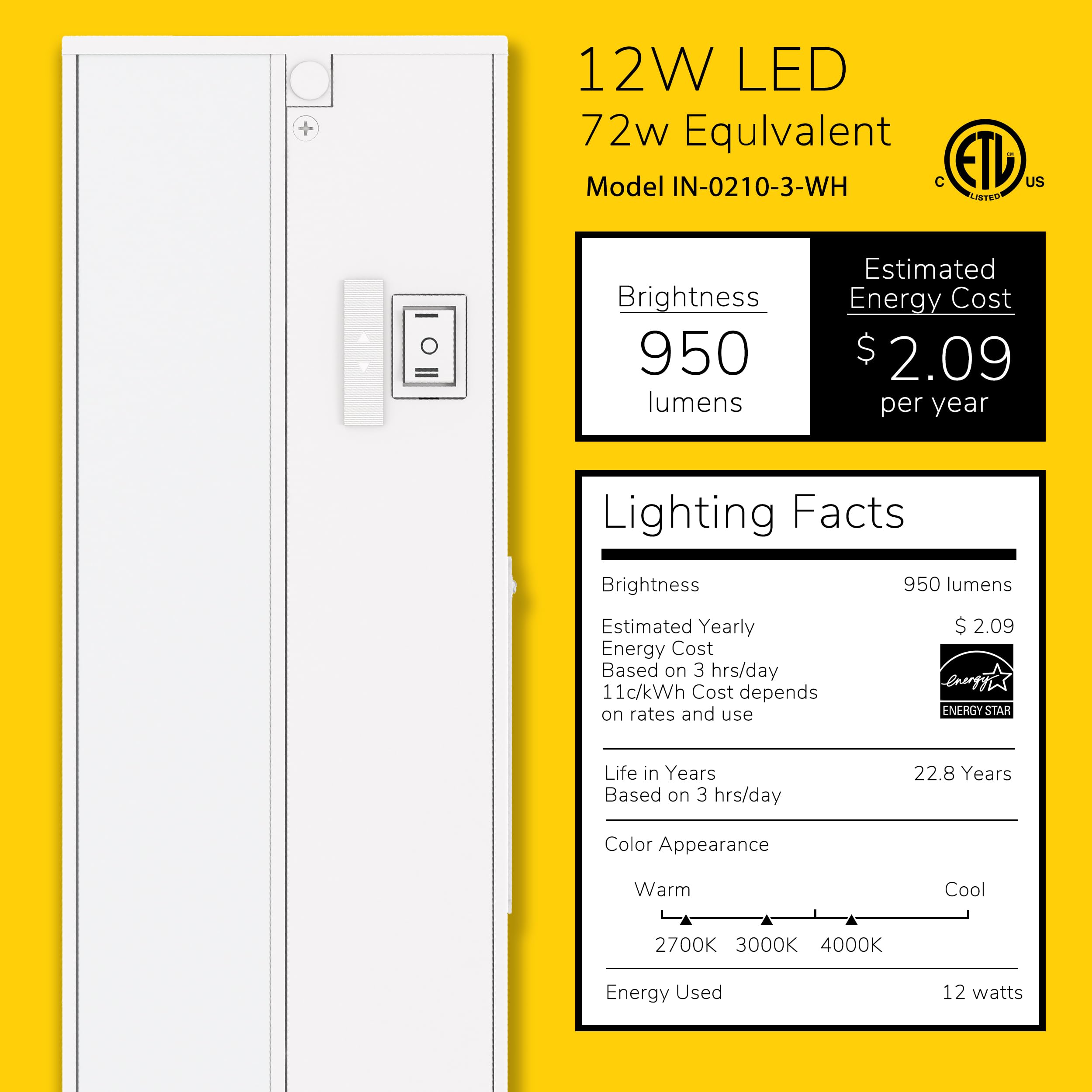 GETINLIGHT LED Under Cabinet Lighting 3 Color Levels Dimmable 24-inch White Metal IN-0210-3