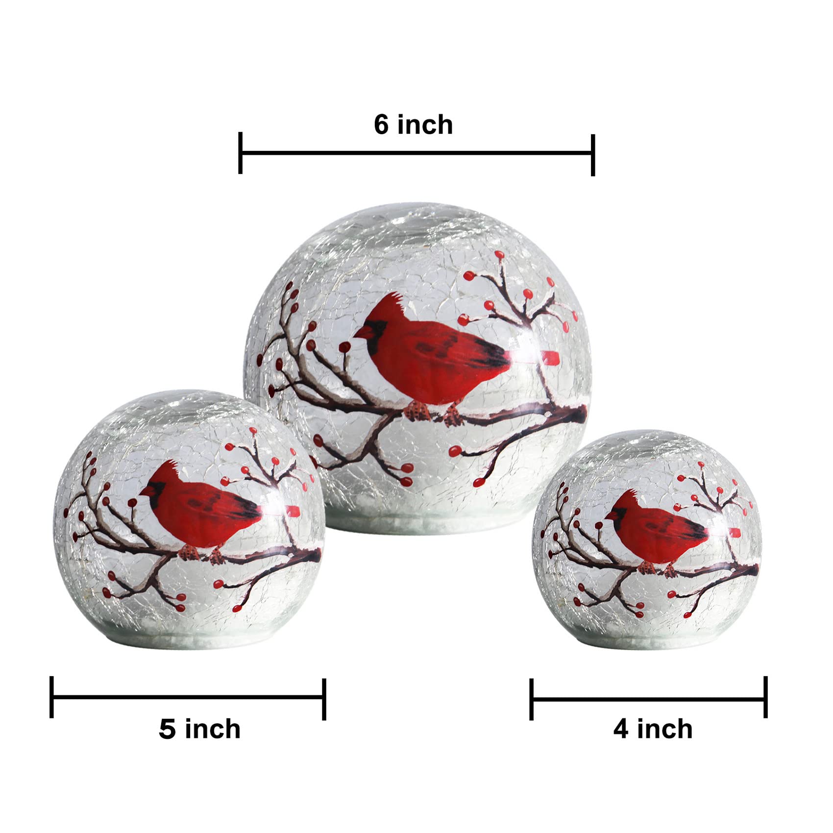 Kaowod Large Crackle Glass Ball Cardinal Lamp, Light Up Red Cardinal Stained Glass Christmas Decor Accent Lamp, Lighted Red Bird