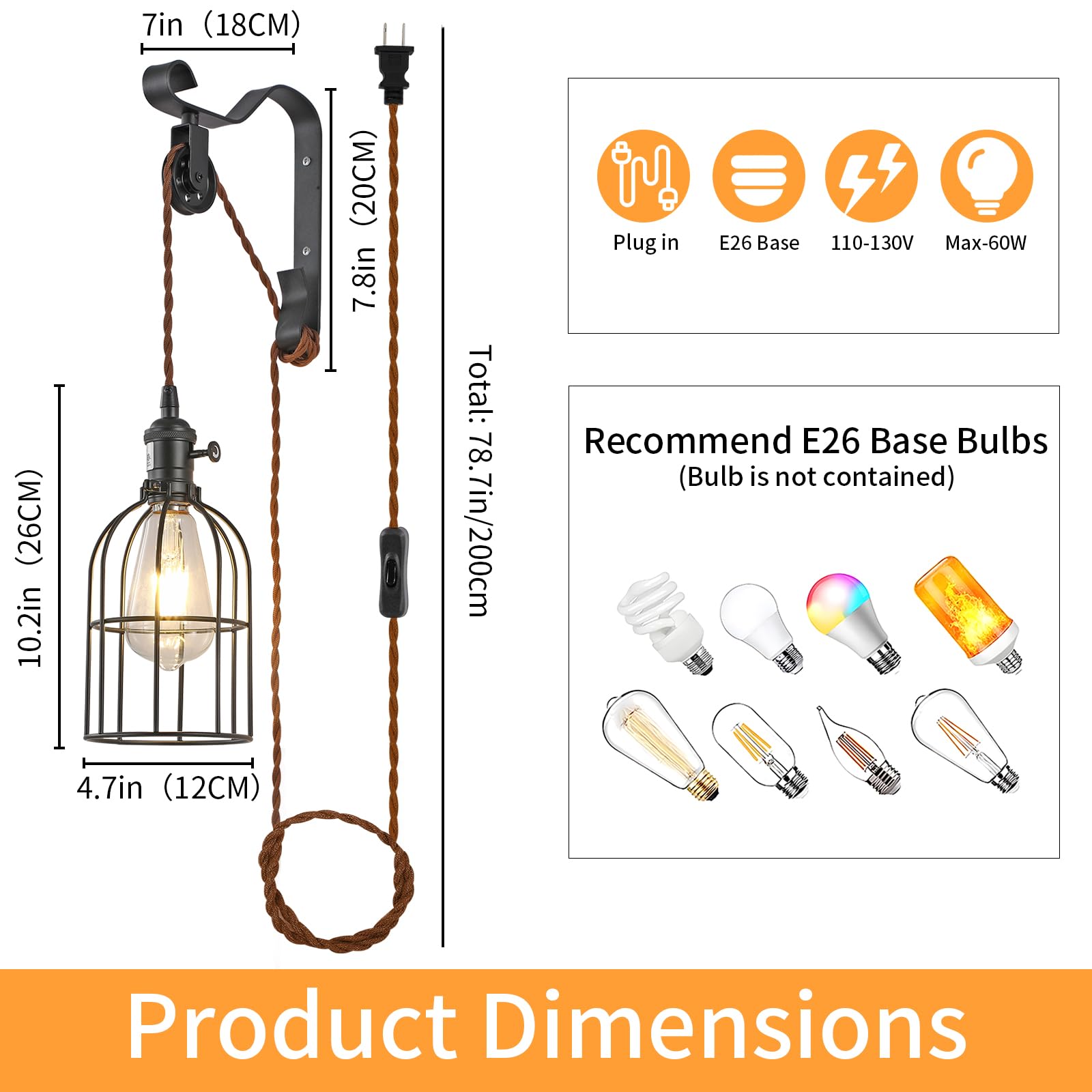 SEEBLEN Wall Sconces, Industrial Metal Lamp, Black, Plug-in with 6.5ft Cord, Height Adjustable, Style D-2, Set of 2