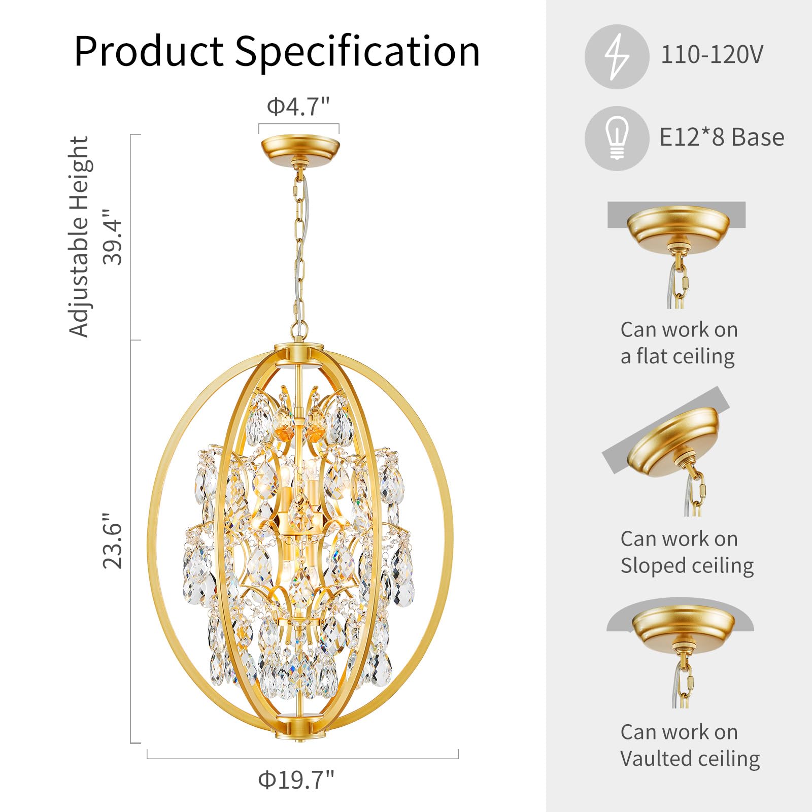 WUZUPS Globe Crystal Chandelier, 8-Light Pendant Light, 23.6in H x 19.7in W, Gold, Model USHD30508-8-G, Metal