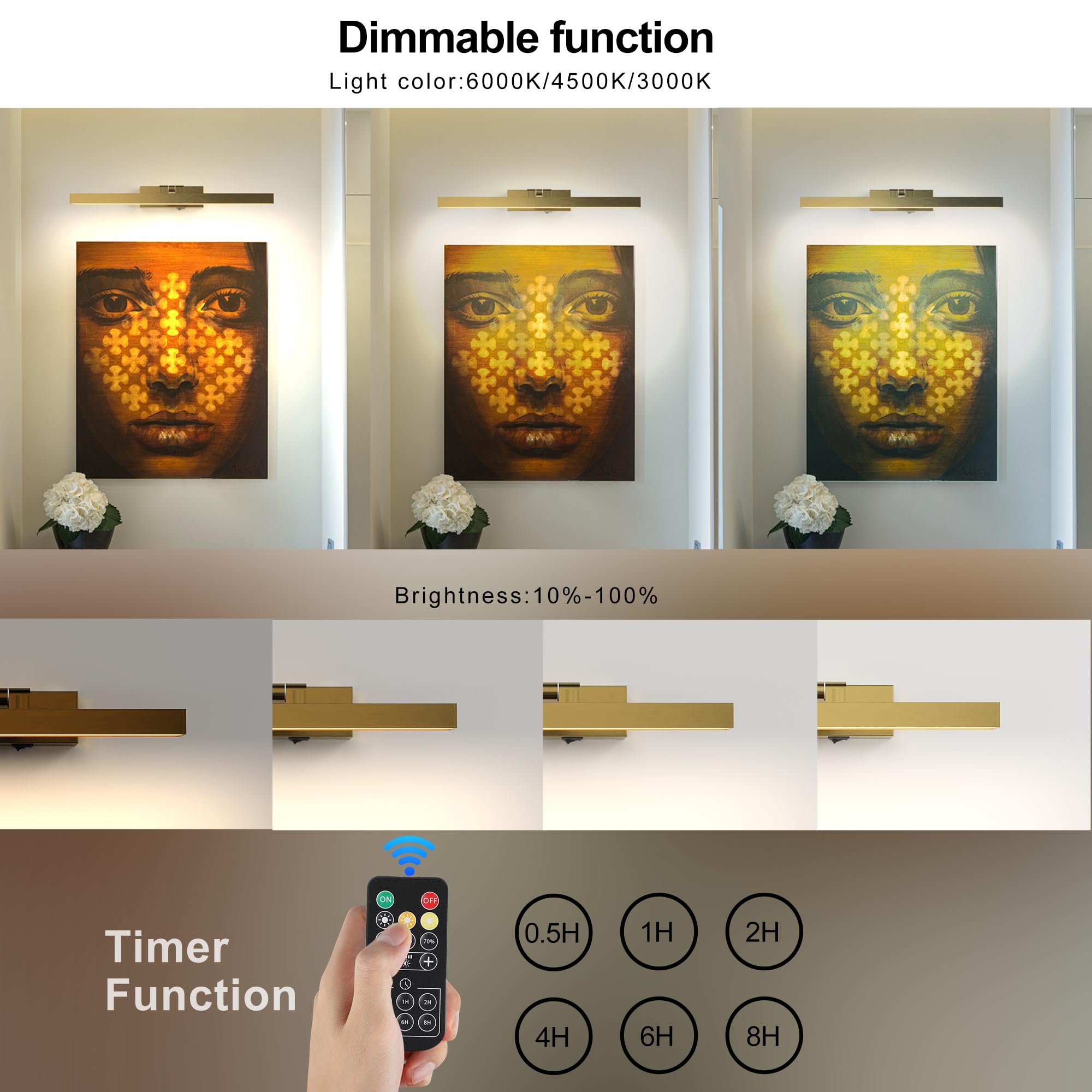Zitostory Picture Lights For Wall Antique Brass Dimmable Wireless Picture Lights For Paintings Led Wall Light Fixtures Adjustabl