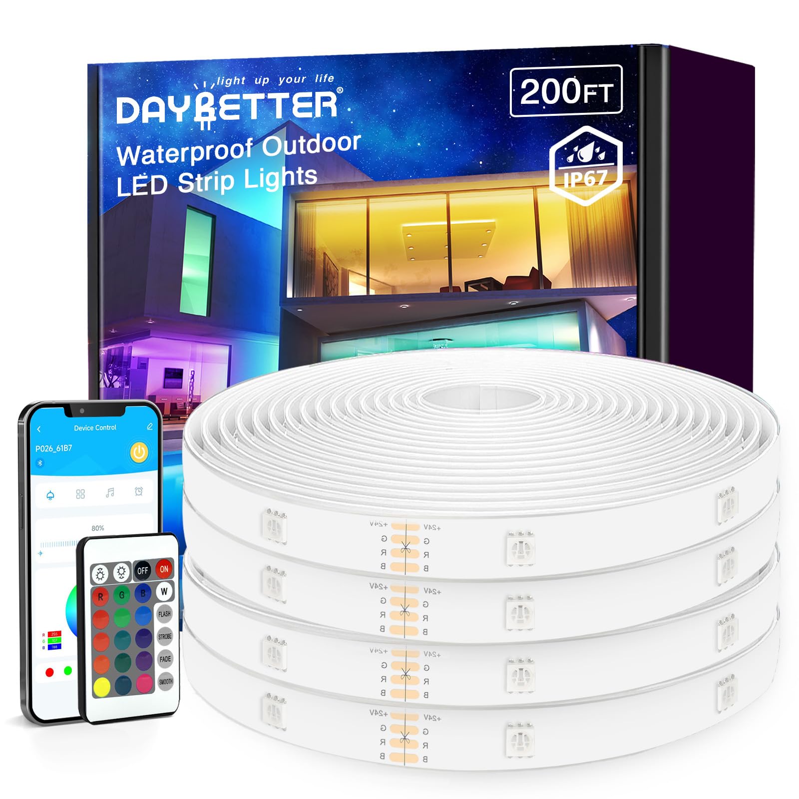 Daybetter Outdoor Led Strip Lights  Ip67 Waterproof Led Lights With Remote  App Control  Color Changing Led Rope Lights For Bedroom  Bathroom  Roof  Balcony  Pool  24V