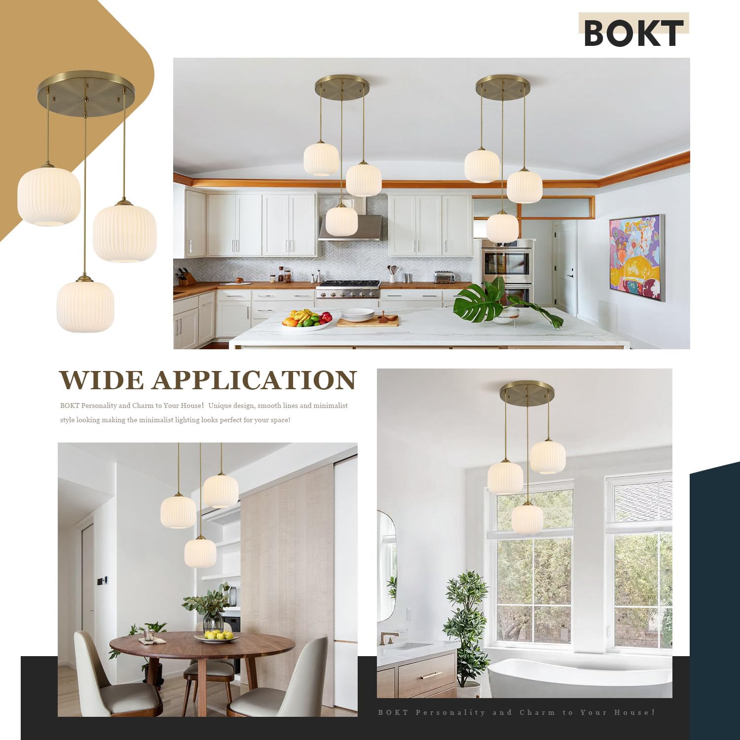 BOKT 3-Light Globe Pendant Light - Vintage Ribbed Glass Chandelier, Adjustable Height, Milk White Finish, Model BP1150-W