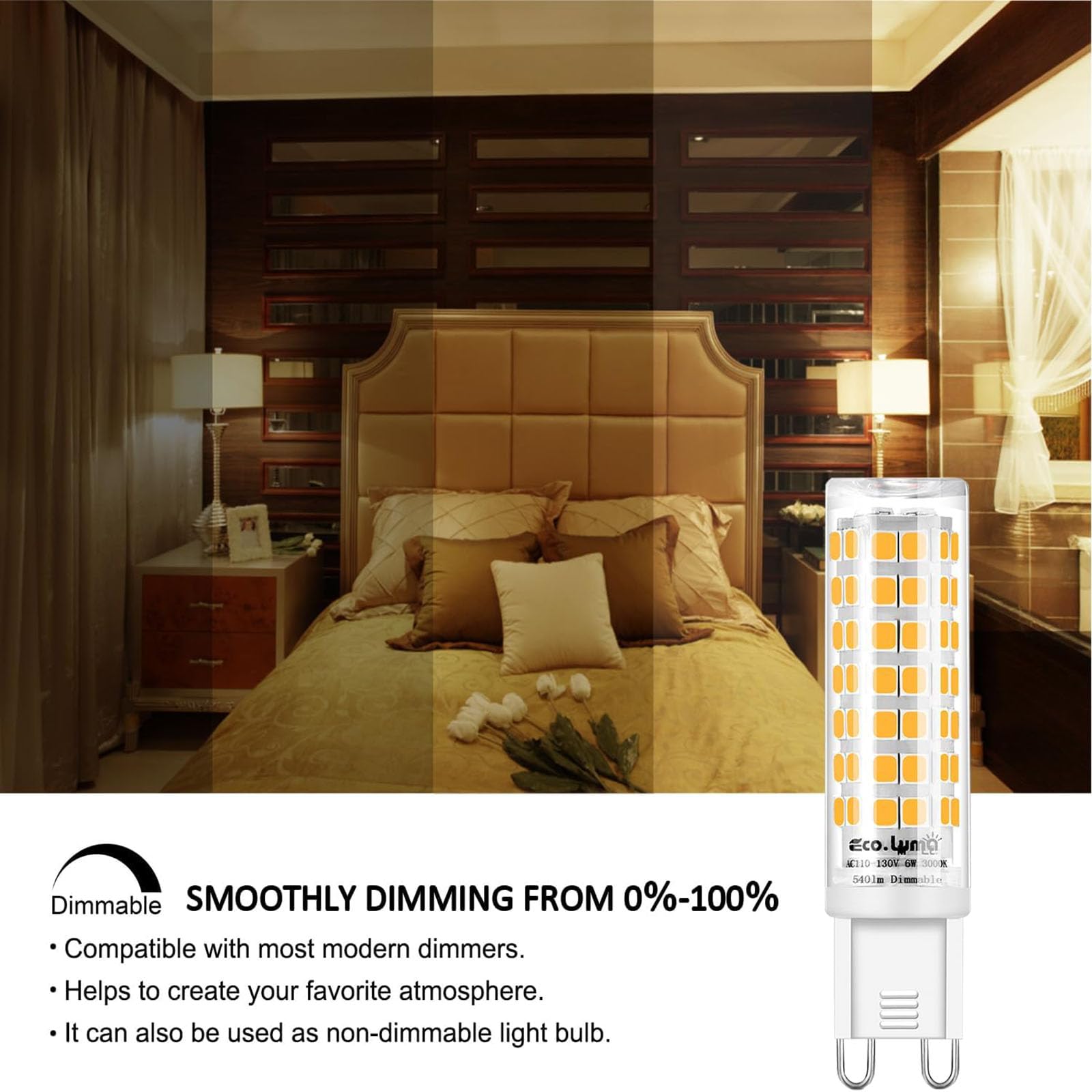 Eco.Luma G9 Led Bulb Dimmable, 6W T4 G9 Led Bulb 60 Watt Equivalent, 3000K Soft Warm White, 540 Lumens, G9 Bi-Pin Light Bulbs Fo