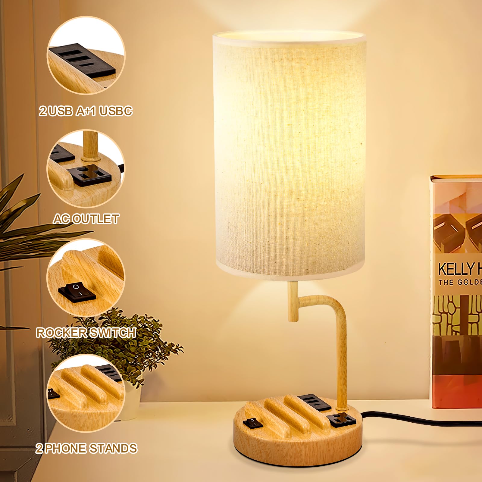 Dreamholder Table Lamp with 3 USB Ports, AC Outlet, Phone Stands, 6.1in Round, Cream Linen Shade, Model DH9099, Pack of 2