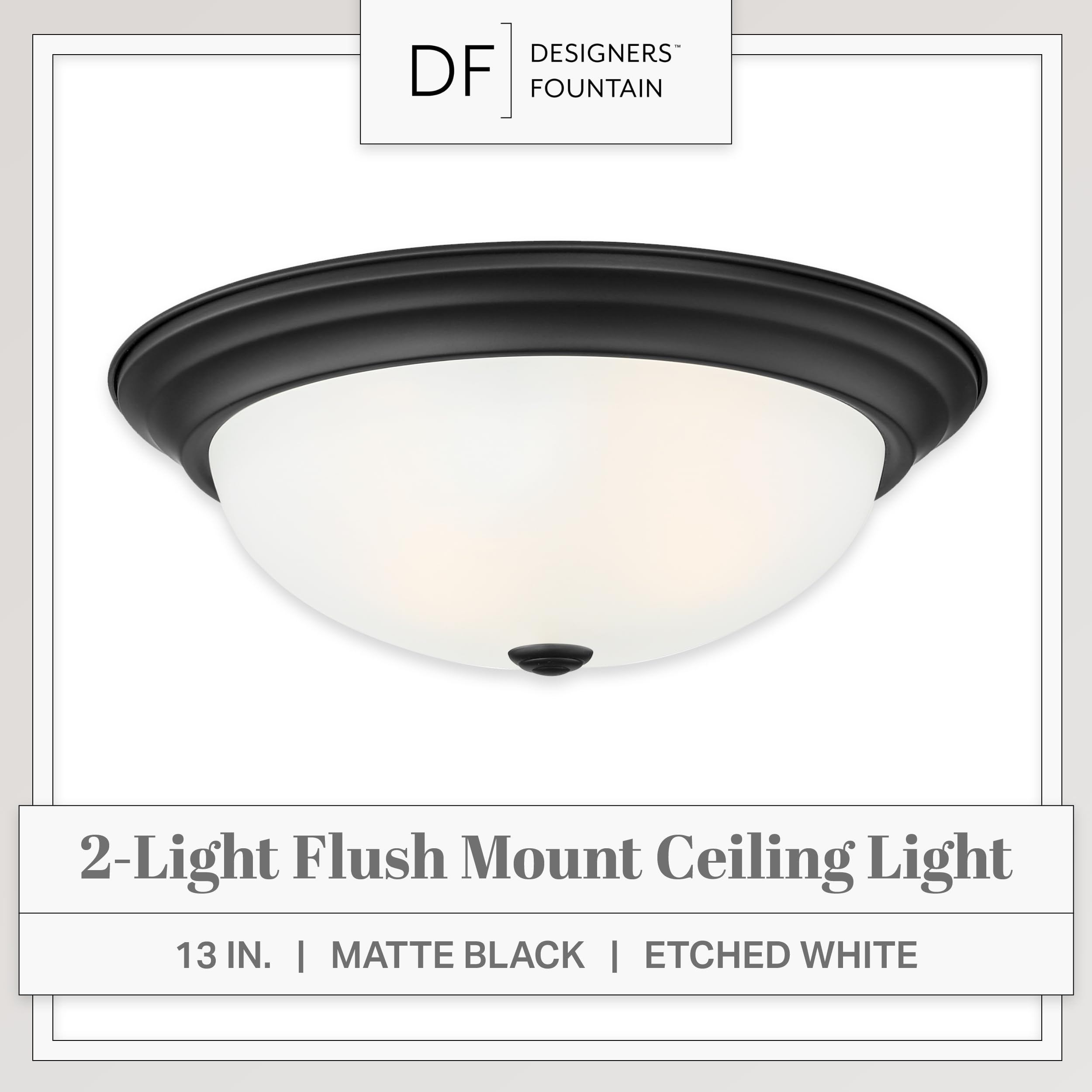 Designers Fountain 2-Light Flush Mount Ceiling Light, 13 Inch Lighting Fixture For Kitchen, Bedroom, Bathroom, And Hallway, Matt