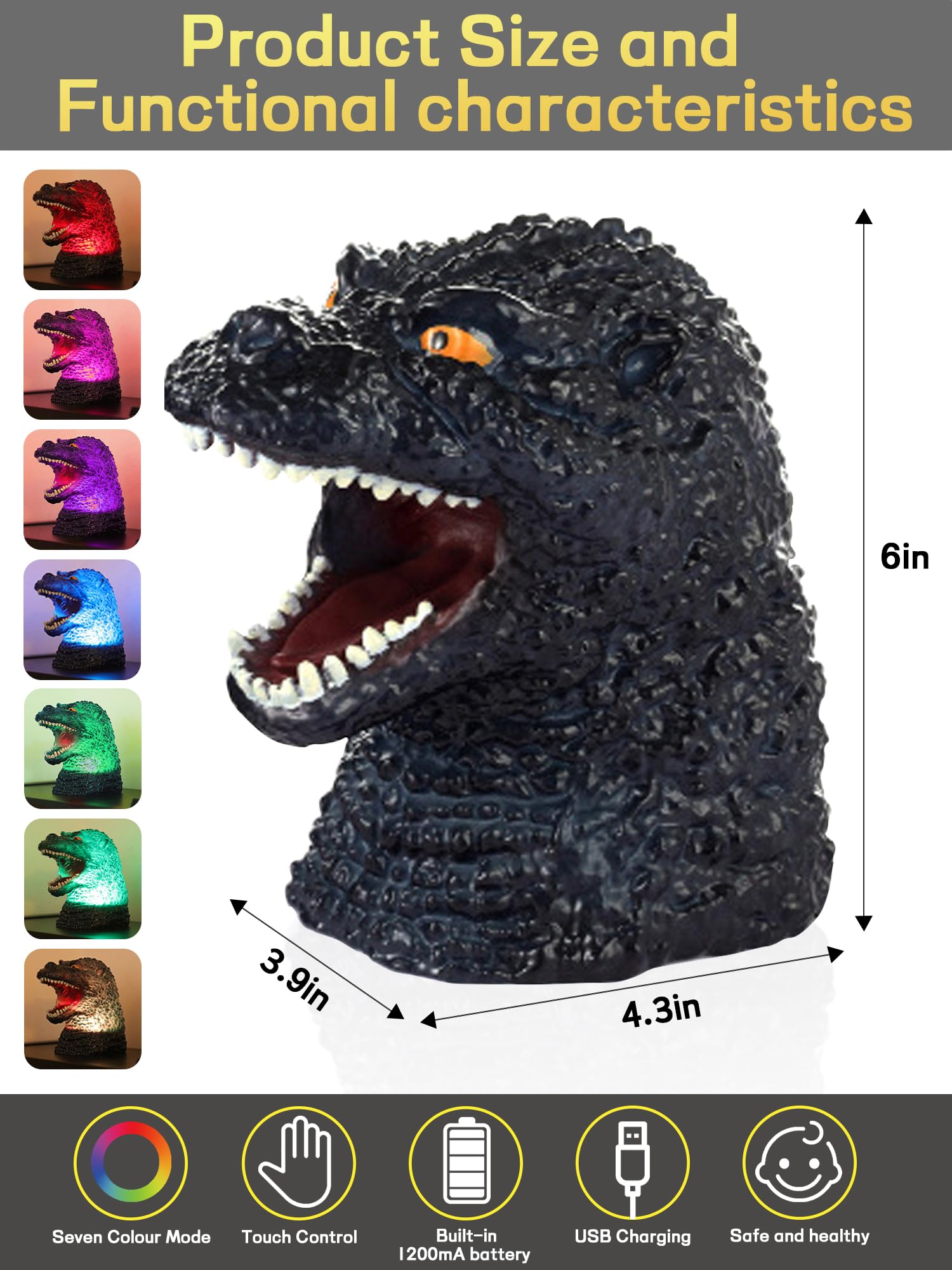 WLHONG Dinosaur Night Light, Color Changing Silicone Night Lights with Touch Sensor, Portable Rechargeable LED Children Adults L