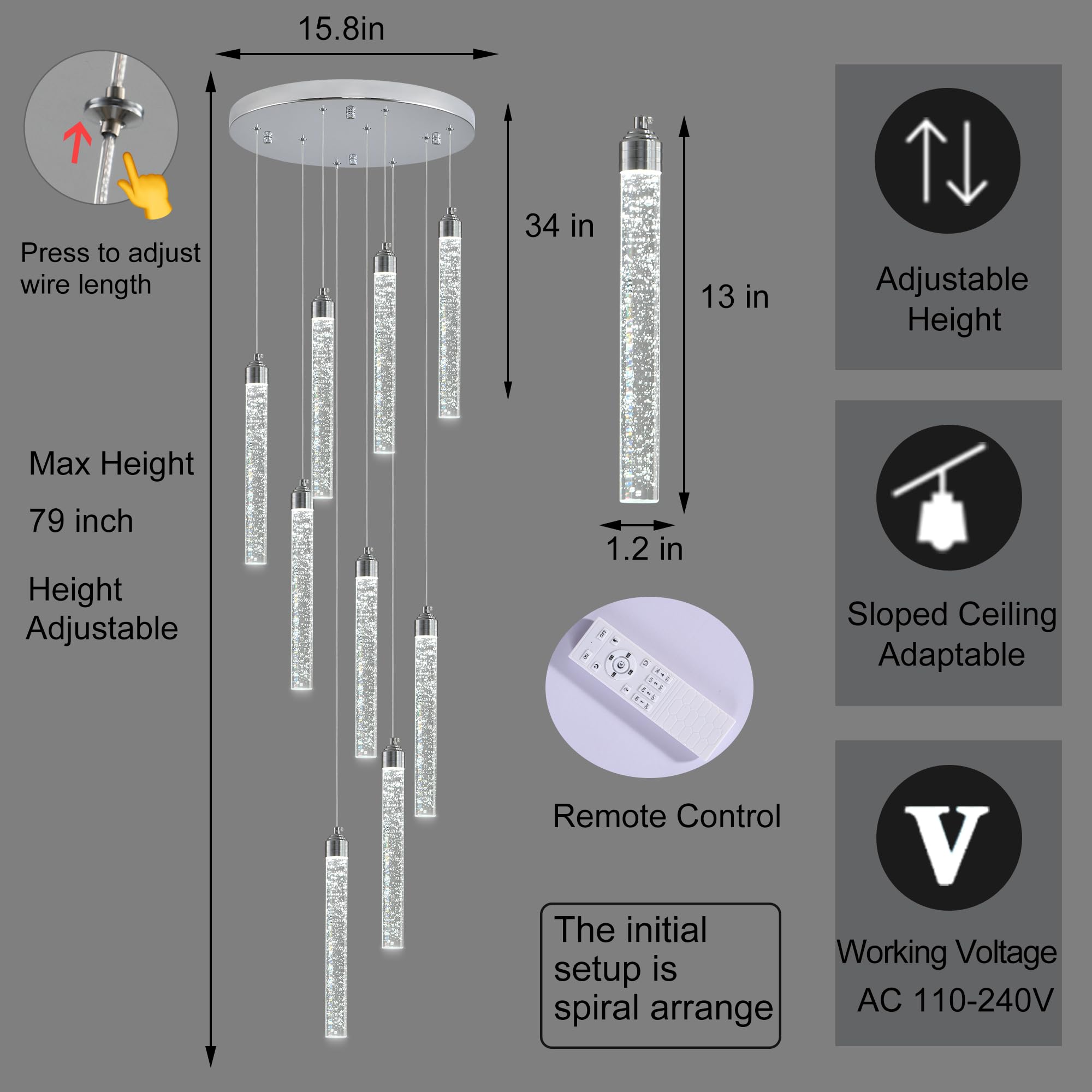YwueChwu Crystal Staircase Chandelier, 9 Lights, Dimmable LED, Silver, Model YWSC-S09-0116