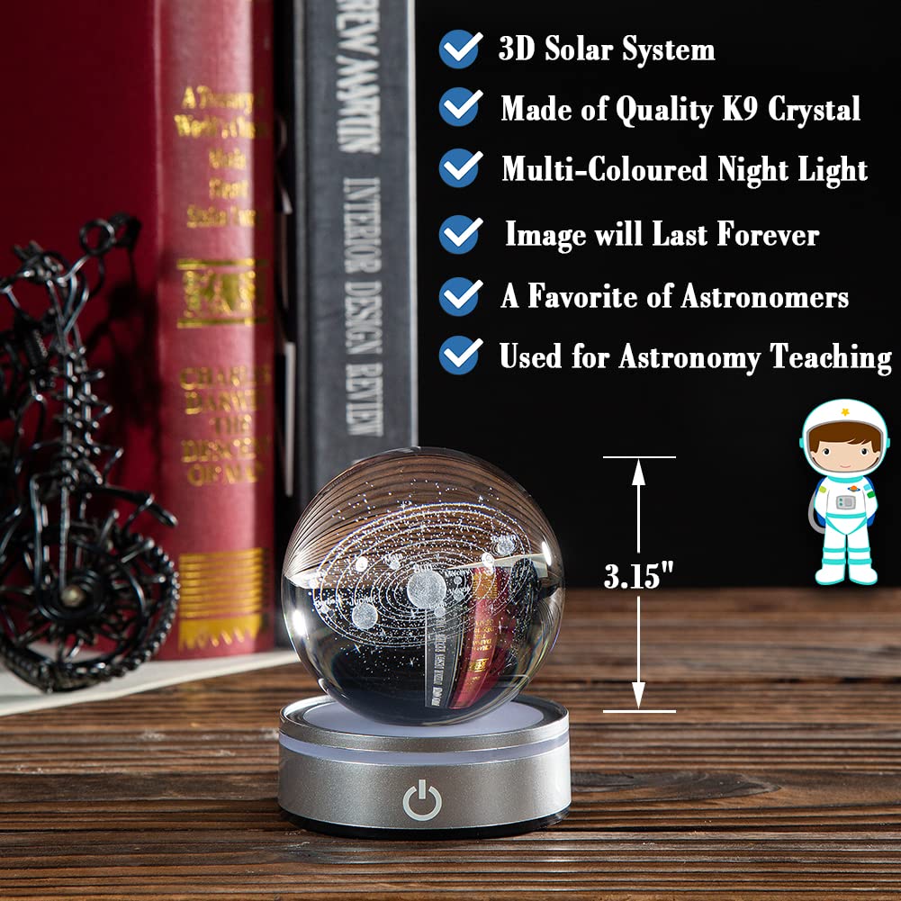 IFOLAINA 3D Solar System Crystal Ball Model - Multicolor Universe Globe Night Light for Kids & Adults - Clear