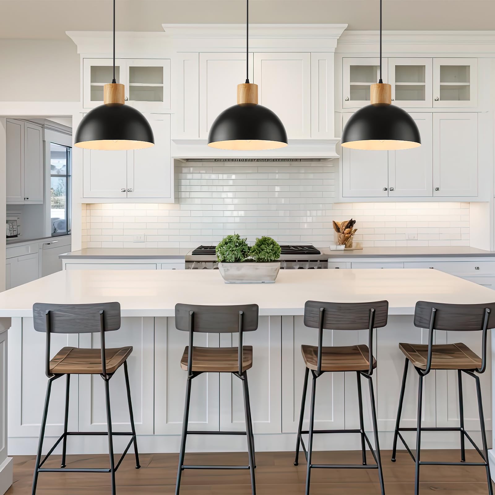 Qianzhan Black Solid Wood Pendant Light, 11.8'' Dome Pendant Lights Fixtures Adjustable Modern Hanging Lighting,For Kitchen Isla