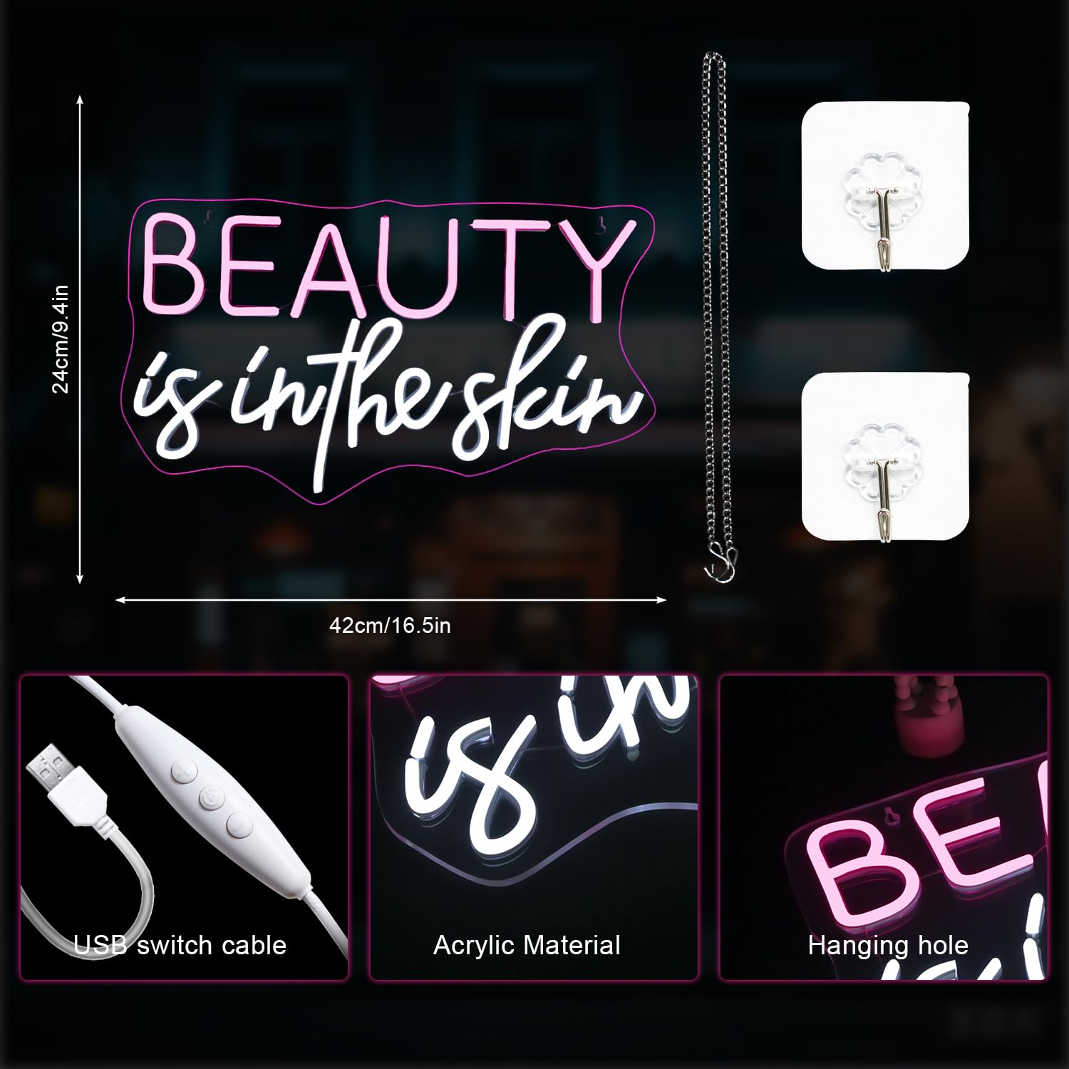 LUCUNSTAR Neon Sign, LED Wall Decoration for Beauty Salon, Medium Size, Plastic Material, Skin-Pink Color