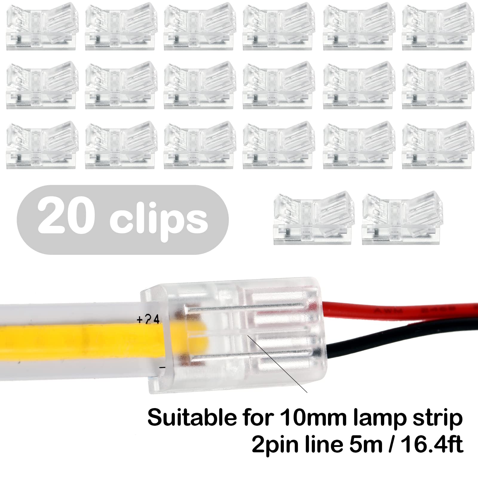 Cob Led Strip To Wire Connector 20 Pieces Waterproof Led Adapter Connectors Transparent Solderless Led Light Strip Connectors For Strip Light Unwired Gapless Track Lighting Connector (2 Pin, 10 Mm)