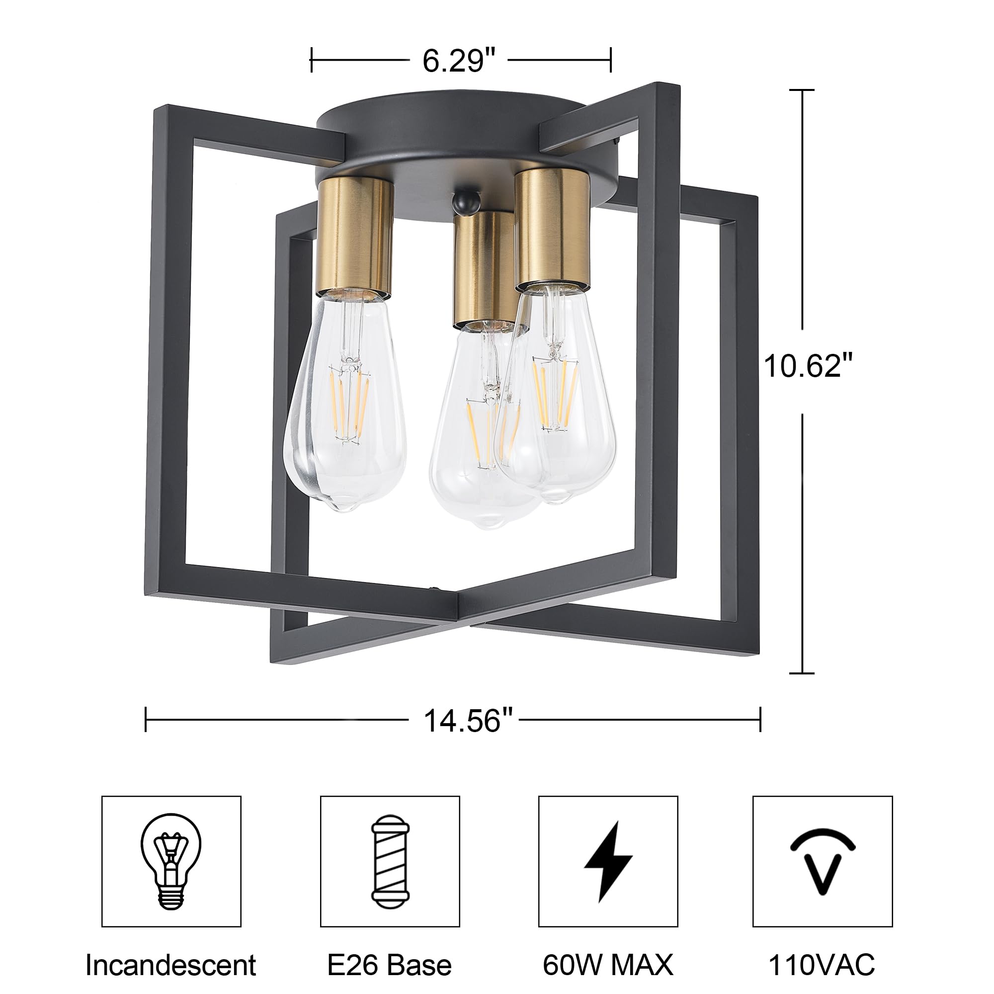 Bosomfr 3-Light Black and Gold Ceiling Light Fixture, Metal Semi-Flush Mount Chandelier for Kitchen, Living Room, Bedroom, Model K3-Gold