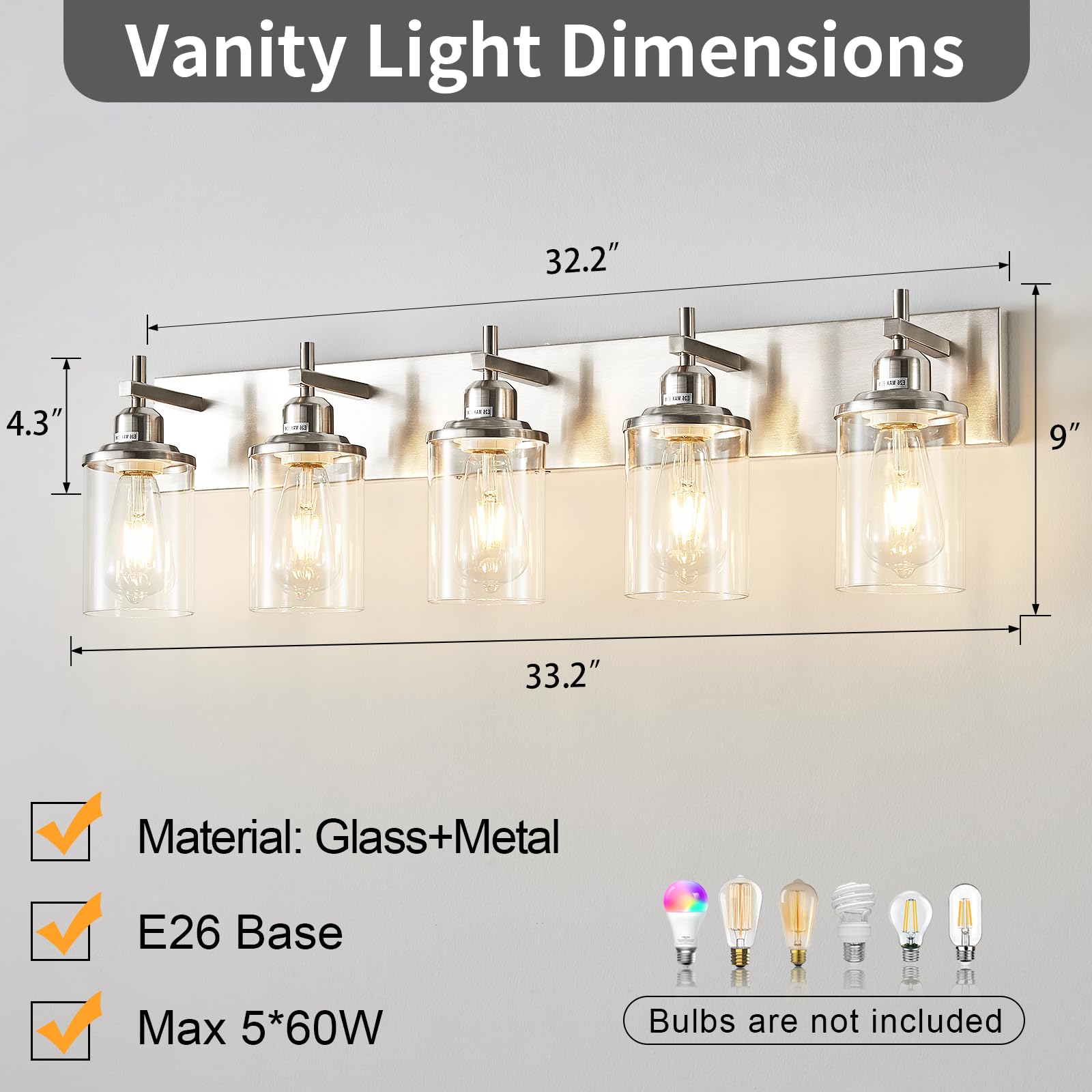 Lanhall 5-Light Brushed Nickel Bathroom Light Fixture Over Mirror Modern Bathroom Vanity Light Vintage Wall Lighting With Clear