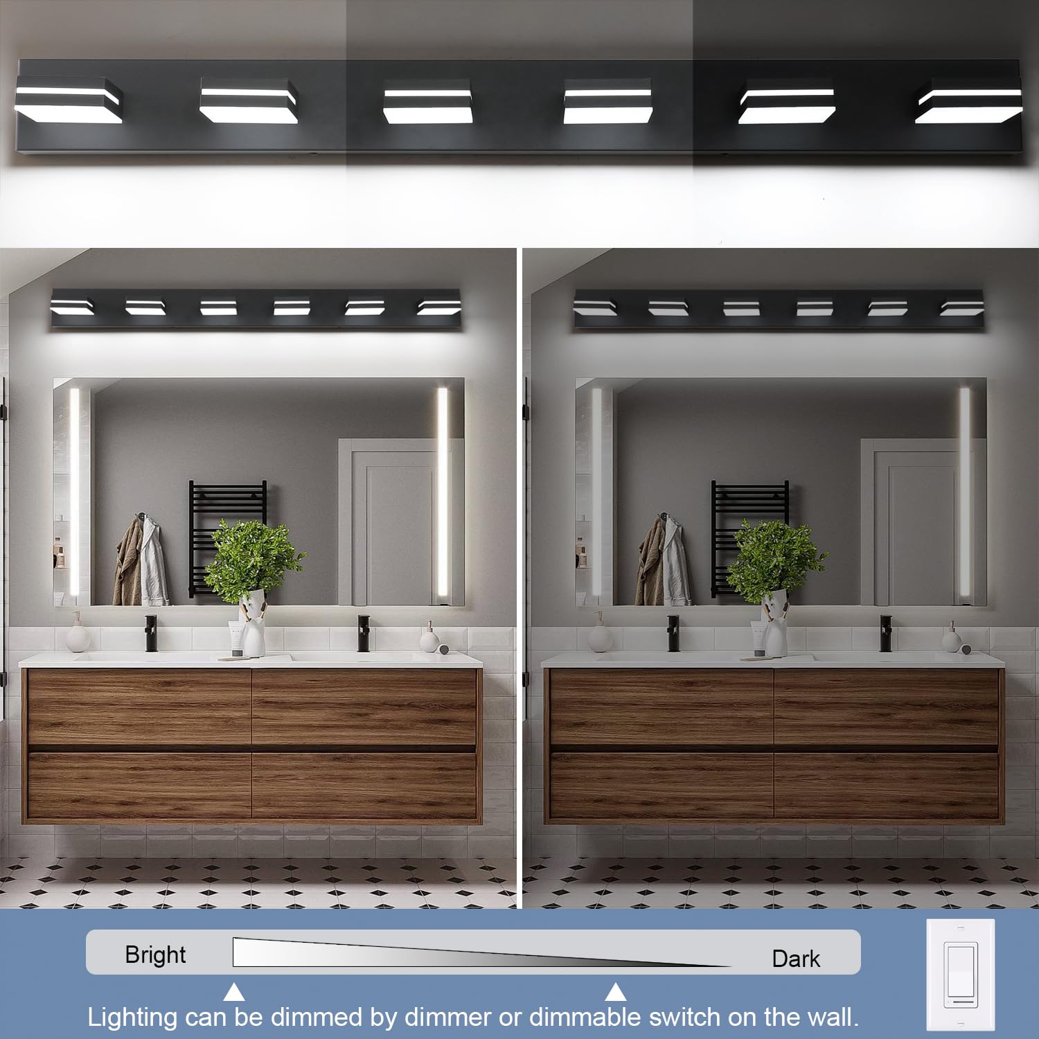 Sinerise Led Modern Bathroom Vanity Light Fixtures (6-Light, 48-Inch, Dimmable), Matte Black Modern Acrylic Bathroom Wall Lighti