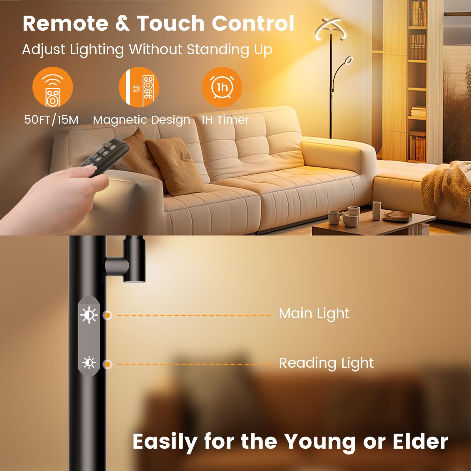 Sibrille Led Floor Lamp For Living Room - Modern Standing Lamp With Reading Light, Remote Touch Control Floor Light Dimmable Mot