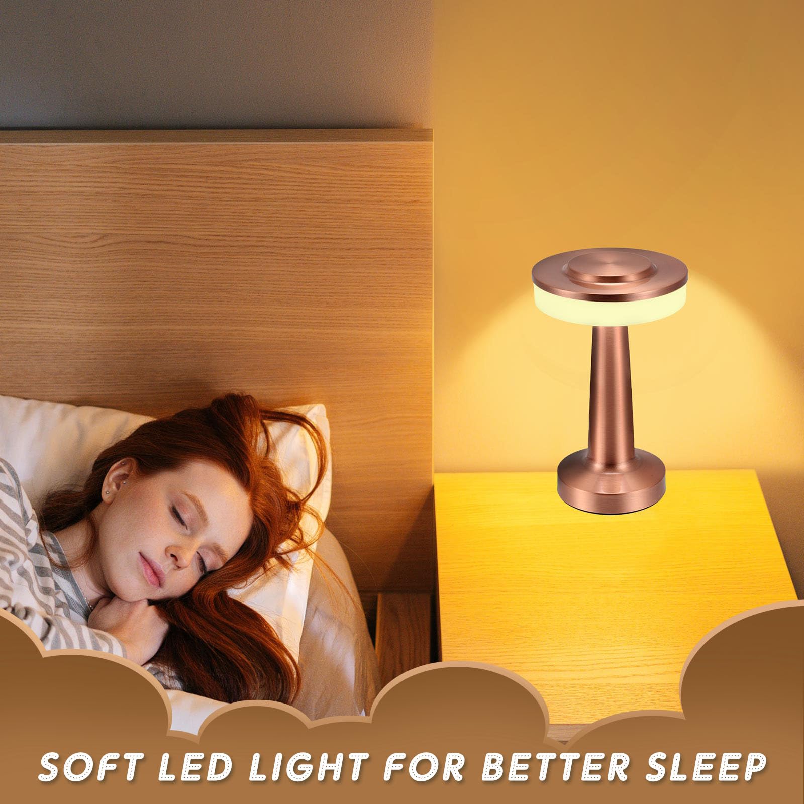 Riakrum LED Portable Cordless Table Lamp, Touch Sensor, 3 Color Dimming, Rechargeable, Rose Gold